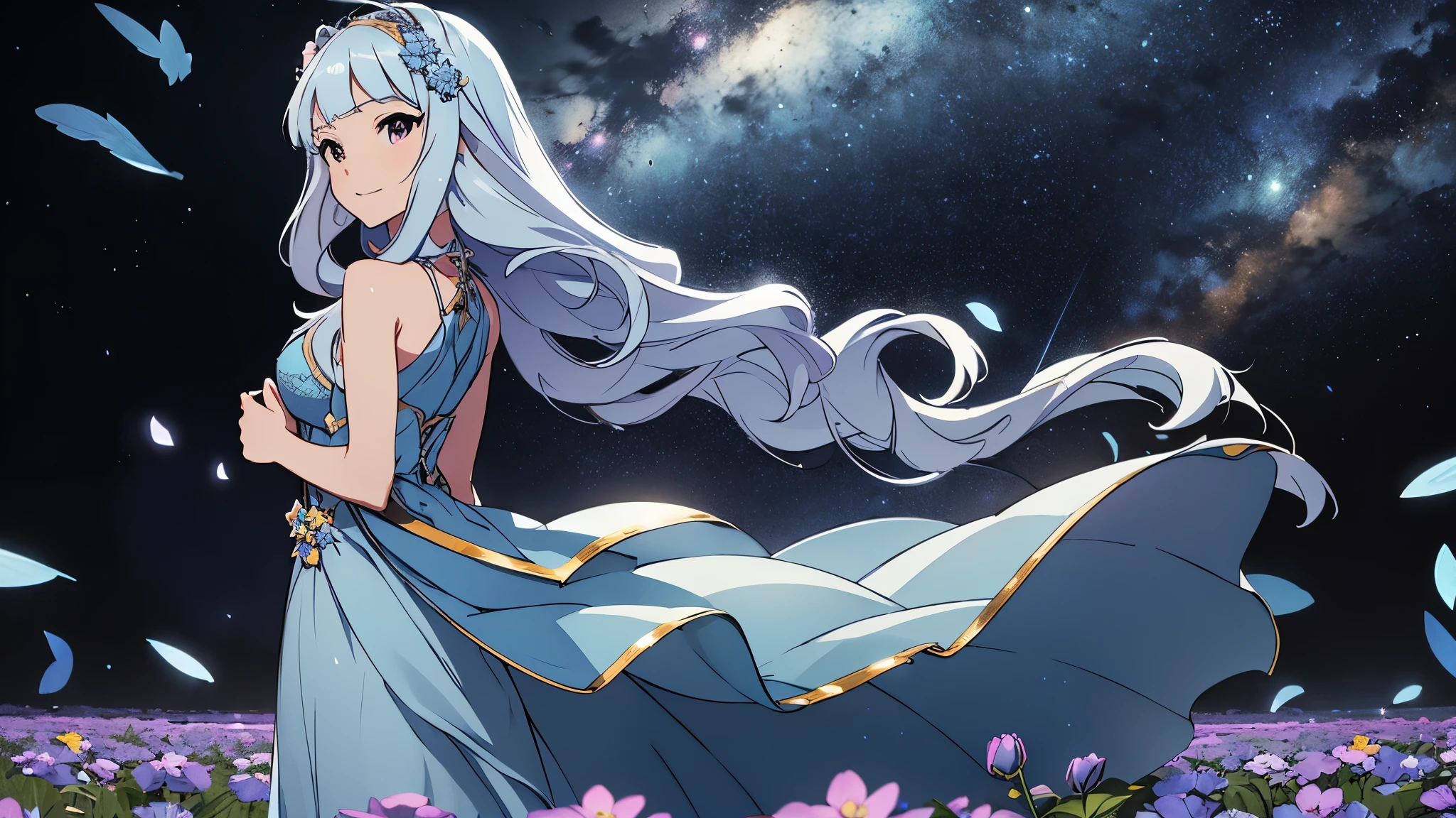 CG, unity, 8k, wallpaper, highest quality, masterpiece, best lighting, complex textile, detailed background, Spectacular starry sky with the Milky Way visible, nebula, night, Effect of dancing petals, vast flower garden, quiet flower garden, (light blue flowers: 1.5), beautiful woman, long white hair, white skin, BREAK, sleeveless dress, Rear view looking up at the sky, a little far away, beautiful