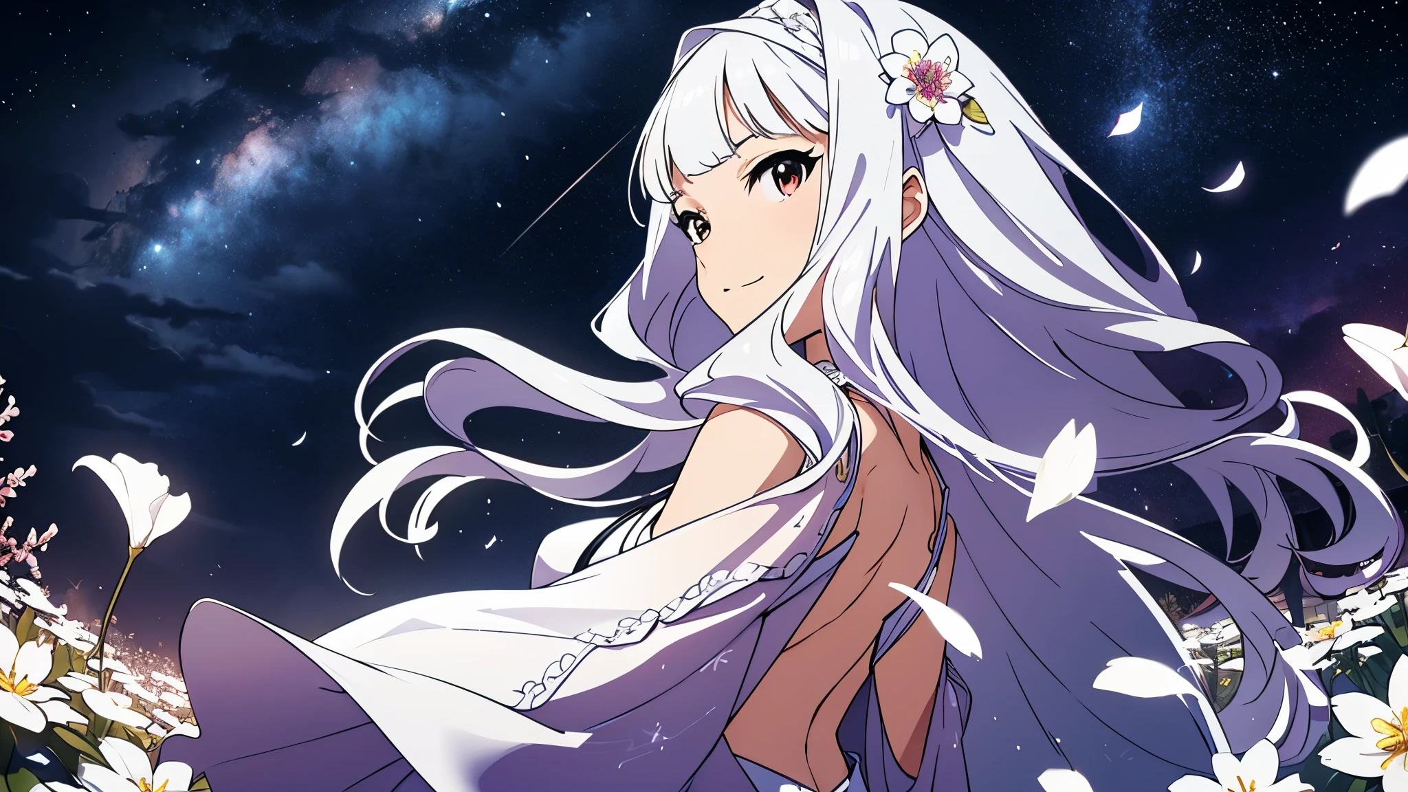 CG, unity, 8k, wallpaper, highest quality, masterpiece, best lighting, complex textile, detailed background, Spectacular starry sky with the Milky Way visible, nebula, night, Effect of dancing petals, vast flower garden, quiet flower garden, (white flowers: 1.3), beautiful woman, long white hair, white skin, Rear view looking up at the sky, a little far away, beautiful