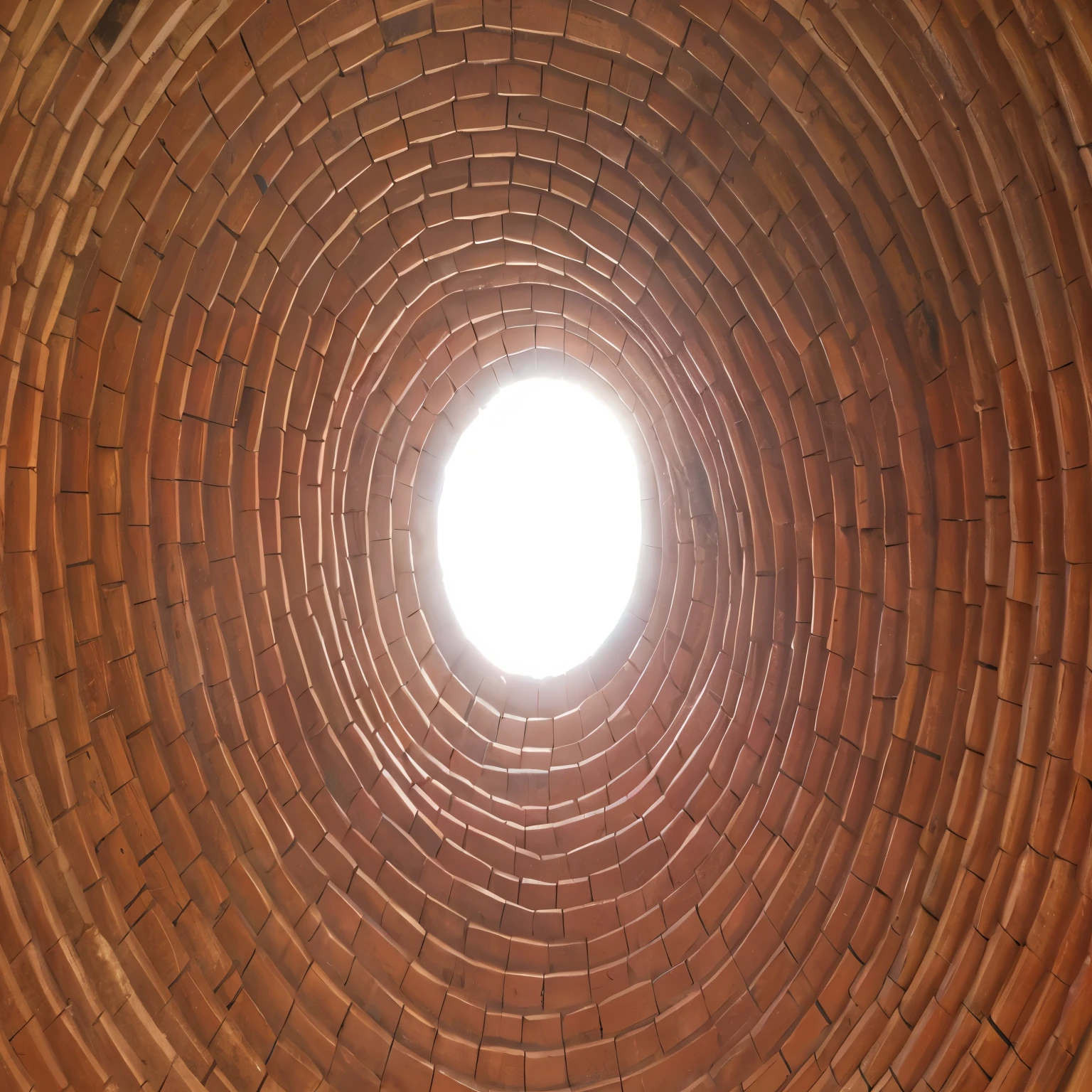 arafed brick structure with a round window in the middle, view from bottom to top, chimney, inside a dome, rounded ceiling, view from inside, volumetric light from below, view from below, seen from below, view up, looking at the ceiling, shafts of sunlight in the centre, light from top, bricks flying outwards, shot from below