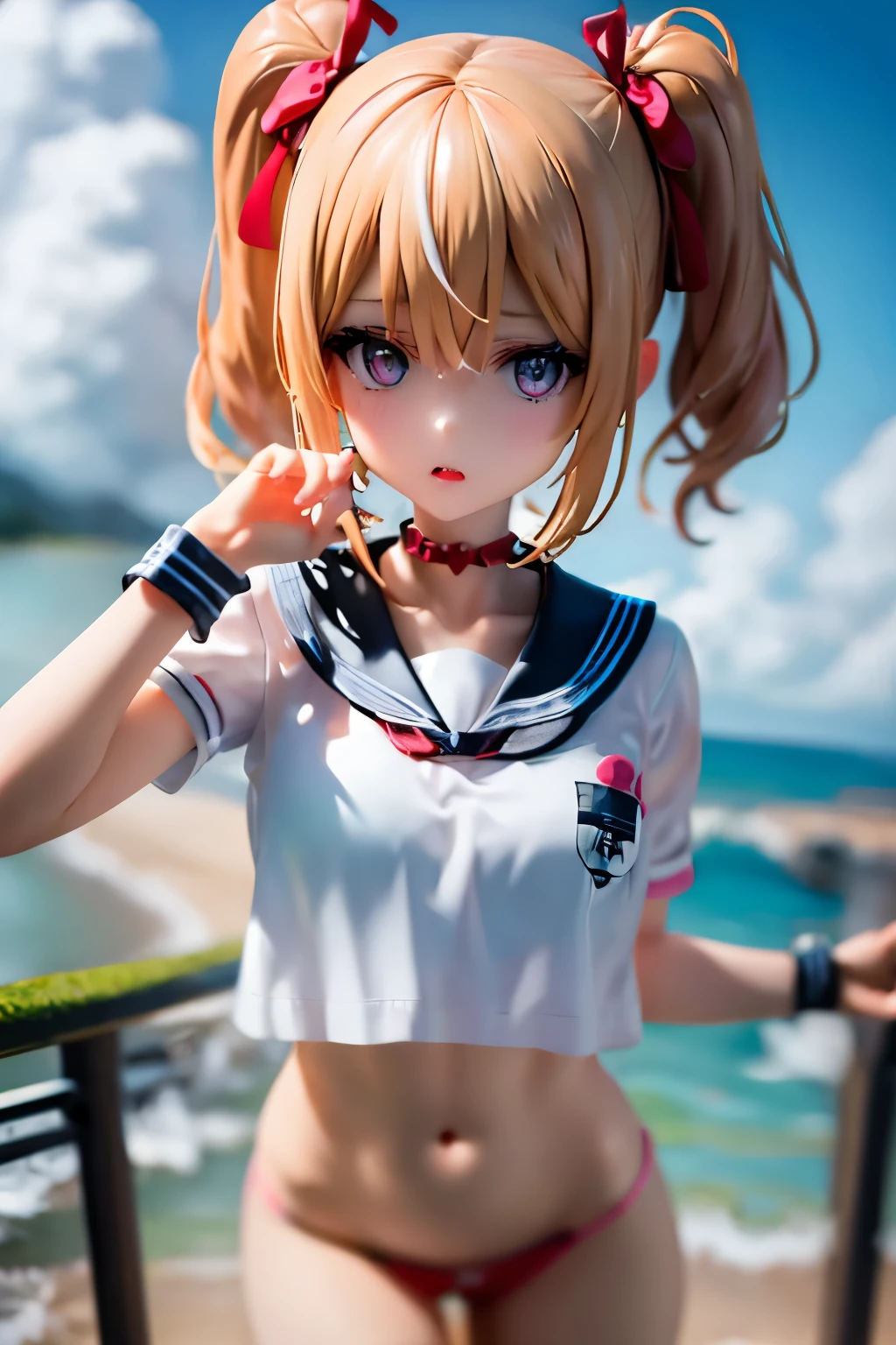 A girl looks at me, sailor suit, red ribbon, tan, blonde, twintails, loose socks, looking sideways, looking up, surprised expression, masterpiece, detailed eyes, foundation, eye shadow, pink lipstick, brightening her cheeks, Hokkaido scenery, blurred background
