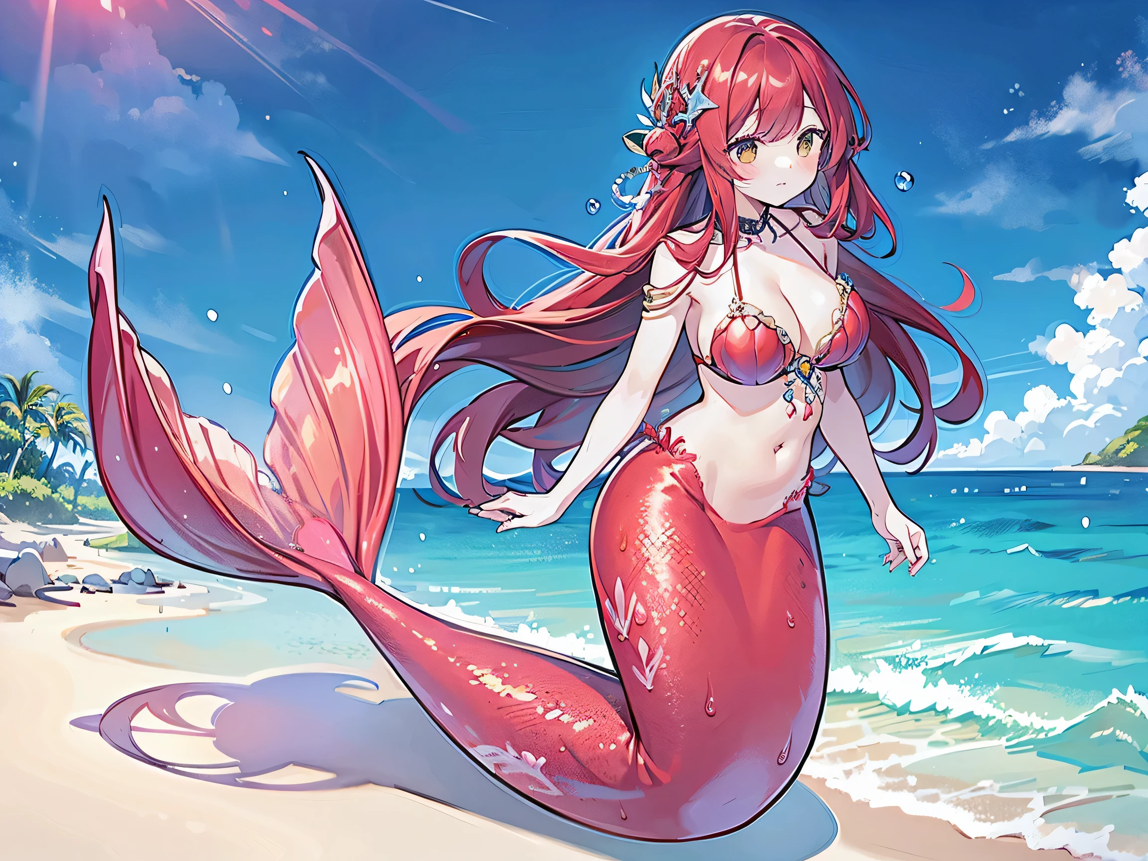 masterpiece, best quality,a girl,big breasts,Mermaid,red mermaid tail,full-body shot,beach,sea view,charming face(kawaii, charming,soft)