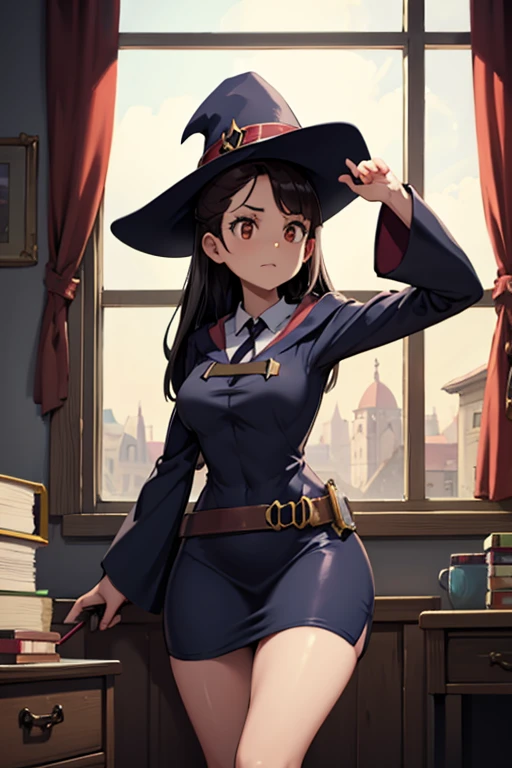 A black haired female witch with brown eyes with an hourglass figure in a conservative witch's uniform is  practicing magic in a dorm room