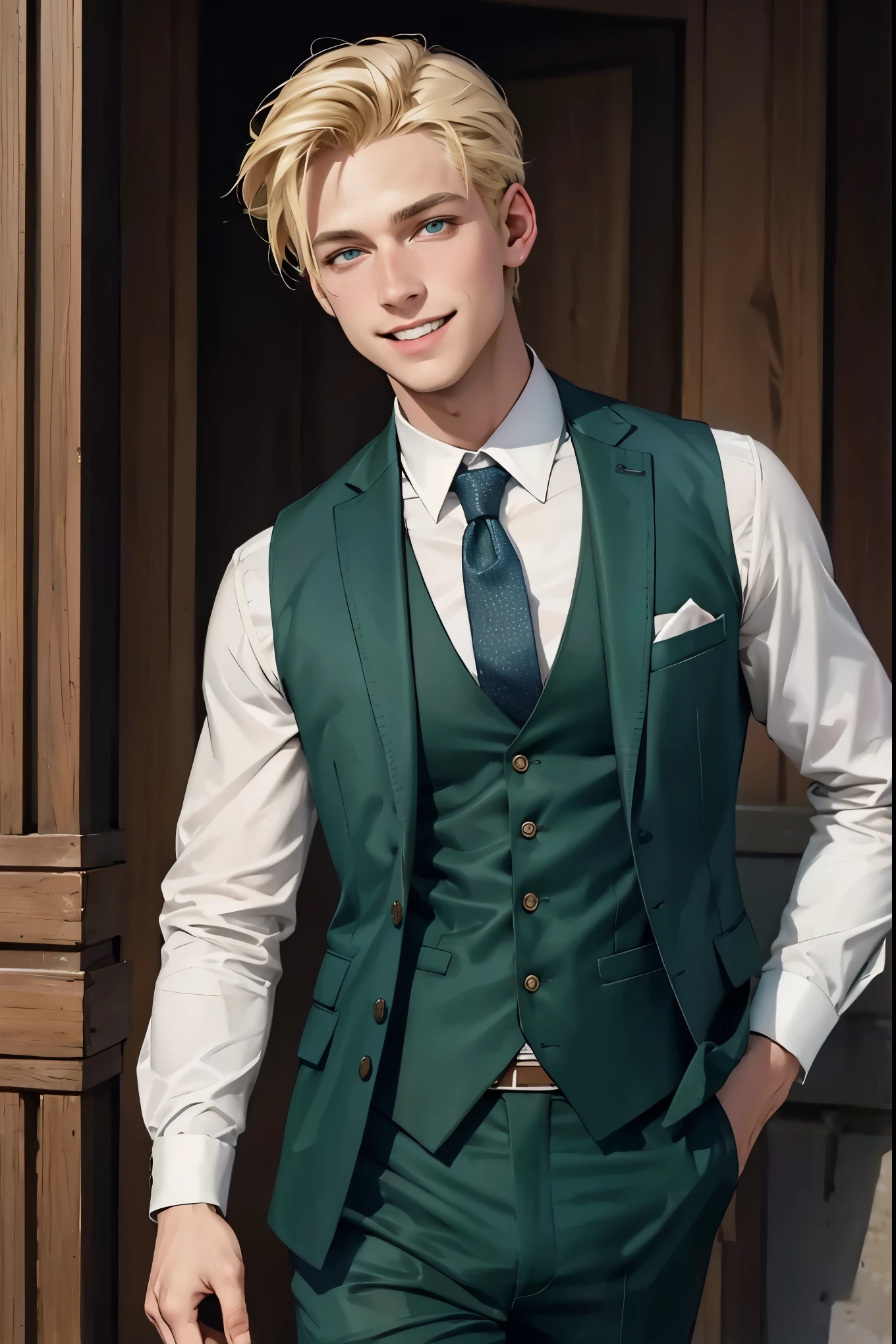 Drawing, portrait, realistic fantasy, high detail, clarity, 8kk, a guy of 26 years old, blonde hair, a charming smile, a cheerful look, hair, a short haircut, hair sticking out on his head in different directions, a piercing look, a dark green eye twist, smiling, wearing a three-piece suit (jacket, trousers and vest) with two buttons and a shirt without a tie;  