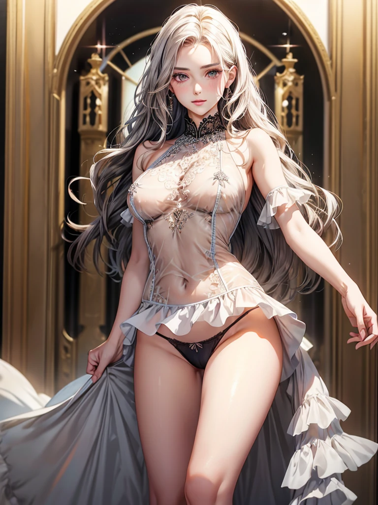 A woman, 30 years old, Mature, Super textured hair, Extra long wavy hair, Single ear front hair, Nice face, Super detailed eyes, Grow eye hair, shining pupils, Charming eyes, Beautiful and delicate lips, seductive smile, A light blush, Very detailed face, Extra detailed body, High quality real skin texture, (Advanced semi-transparent chiffon clothing design), white collared shirt, black skirt, Lace trim at hem, Black underwear, barefoot,