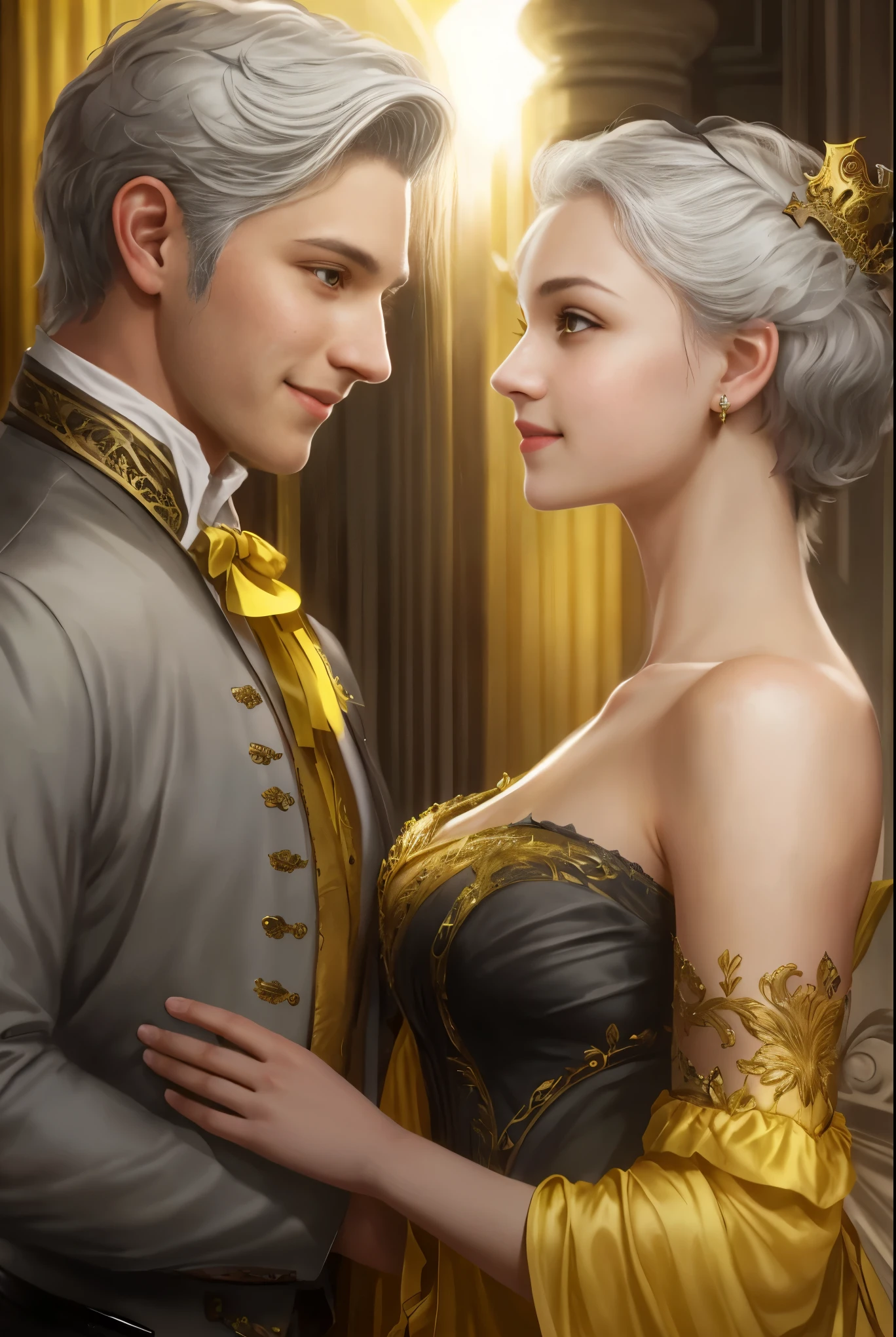 High resolution, portrait, boy and girl with dark hair, 18 years old, light gray hair, short haircut, yellow eyes, smile, crown, portrait, ballroom in the background, realism, fantasy