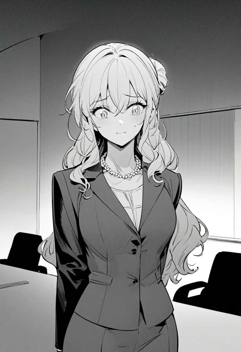 Manga drawing The woman in the meeting room is of medium height, with long, wavy hair tied in a low bun. Their expressive eyes are always full of surprise, conveying curiosity and attention to detail. She wears a feminine suit, combining elegance and professionalism, and her pearl necklace adds a touch of refinement to the ensemble, while her posture is distinct and demonstrates a strong presence in the professional environment. in the style of lora marvin, manga, medium shot, grayscale, monochrome, detailed face
