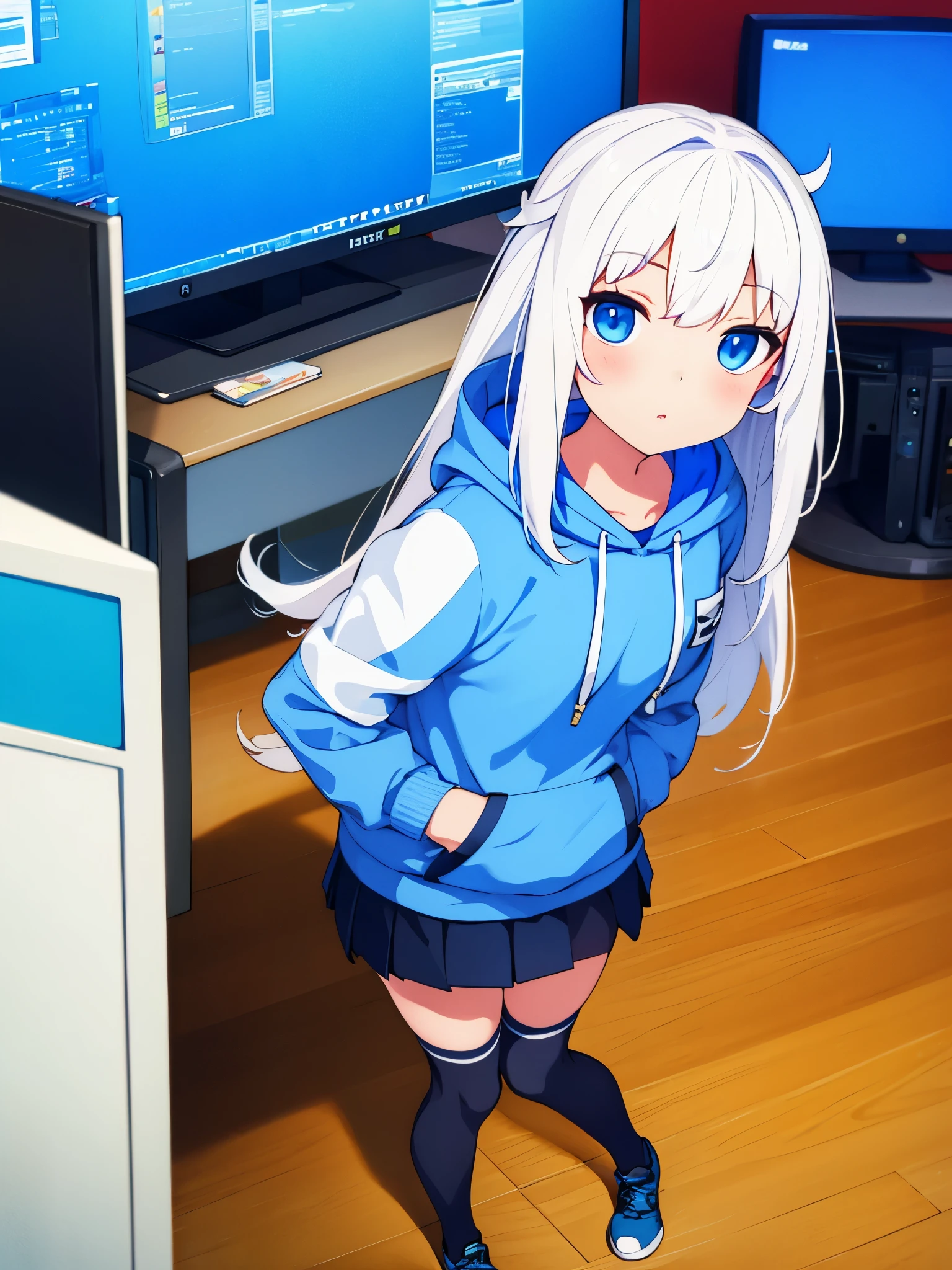 1 girl white hair with blue tone blue eyes with cat hoodie with mini skirt stockings in an RGB gamer room