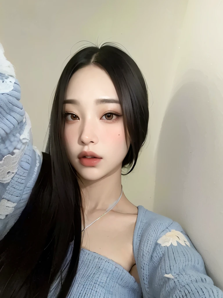 Araffe Asian woman with long black hair, wearing a blue sweater, coreana, beautiful south mulher coreana, gorgeous young mulher coreana, beautiful young mulher coreana, mulher coreana, 18 anos de idade, Ulzzang, young lovely korean face, adorable and pale korean face, young pale and beautiful asian face, Xision Wu, jaeyeon nam, Korean symmetrical face