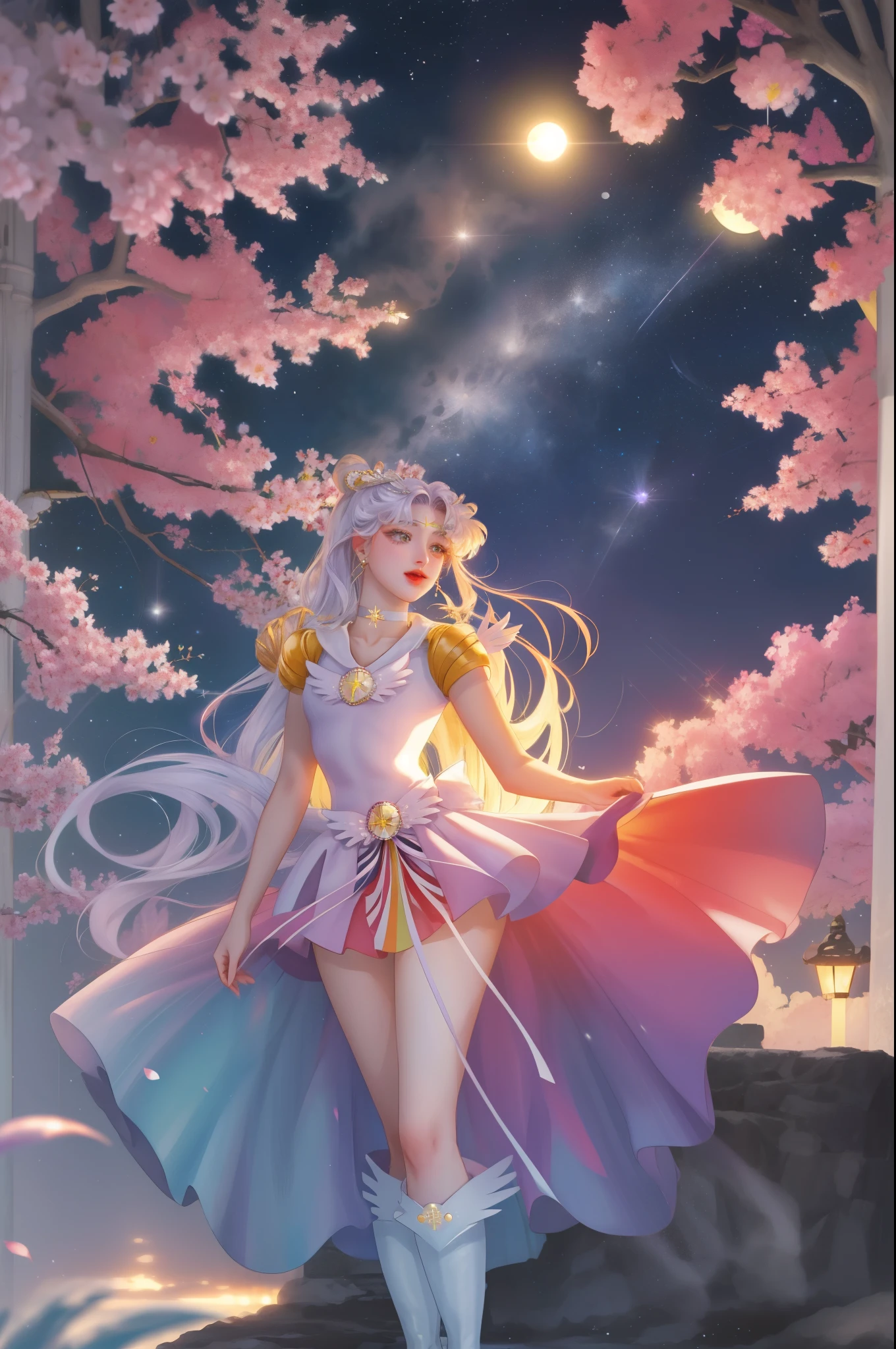 masterpiece, best quality, (1girl), supersailormoon, extremely detailed face, happy,  face focus, cowboy shot, nigh sky, moonlight, moon, sakura trees, city at night,  white gloves, detailed eyes, detailed face,  galaxy background, detailed background, multicolored clothes, sailor senshi uniform, multicolored skirt, hair ornament, red bow, brooch, heart brooch, earrings, crescent, heart choker, heart, miniskirt, very long hair, back bow, crescent earrings, tiara, yellow choker, boots, knee boots, red footwear