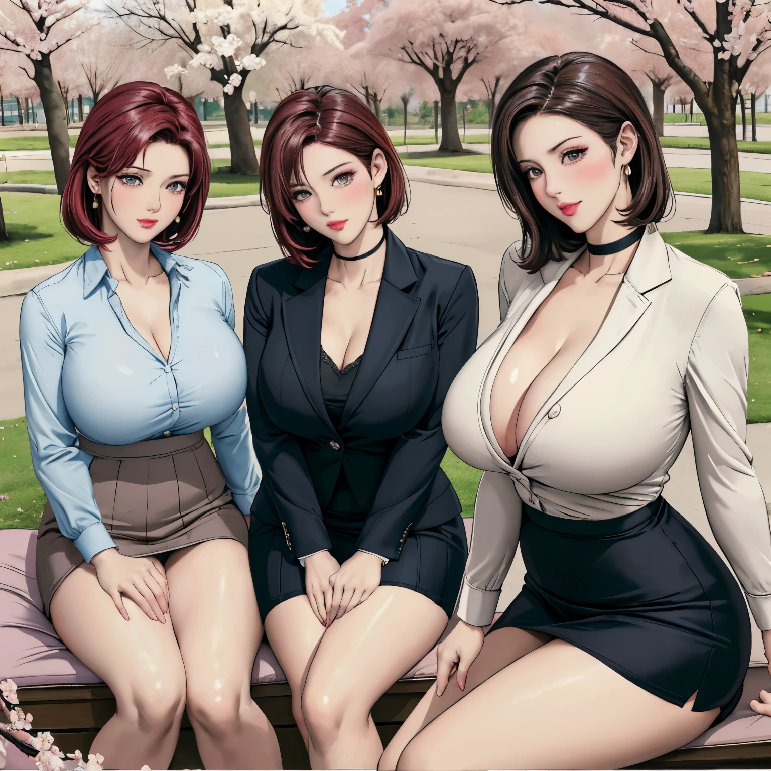 Women drinking sake while enjoying cherry blossom viewing in a park with cherry blossoms in full bloom and petals just starting to fall, In a park rich in nature、plant, (((Masterpiece of sexy pose))), ((highest quality)), ((Complex)), ((surreal)), stupid reply, mature woman, mature woman, perspective, very detailed, shape, 3 girls, ((big breasts)), perfect hands, finger details, fine and beautiful eyes, short hair, brown eyes, (business suit:1.2), open office shirt, Tight Skirt, black choker, earrings, stockings, detailed background, perfect eyes, enchanting eyes, looking at the viewer, I spread a plastic sheet under a cherry tree and sat with my legs crossed., blushing cheeks, Scene of a fun party with female friends