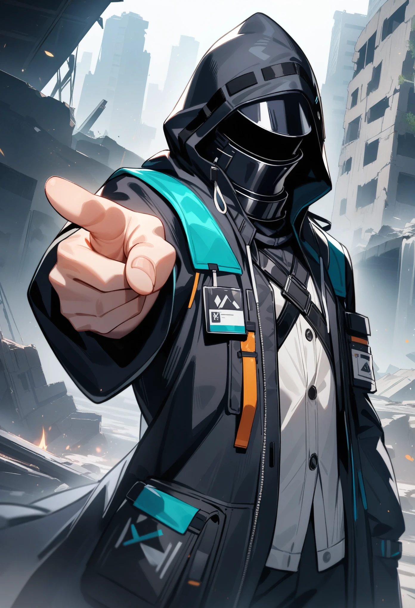 masterpiece, best quality, very aesthetic, absurdres, 1other, doctor\(arknights), arknights, upper body, (broad shoulders), black jacket, hooded jacket, pointing at viewer, ruins, serious