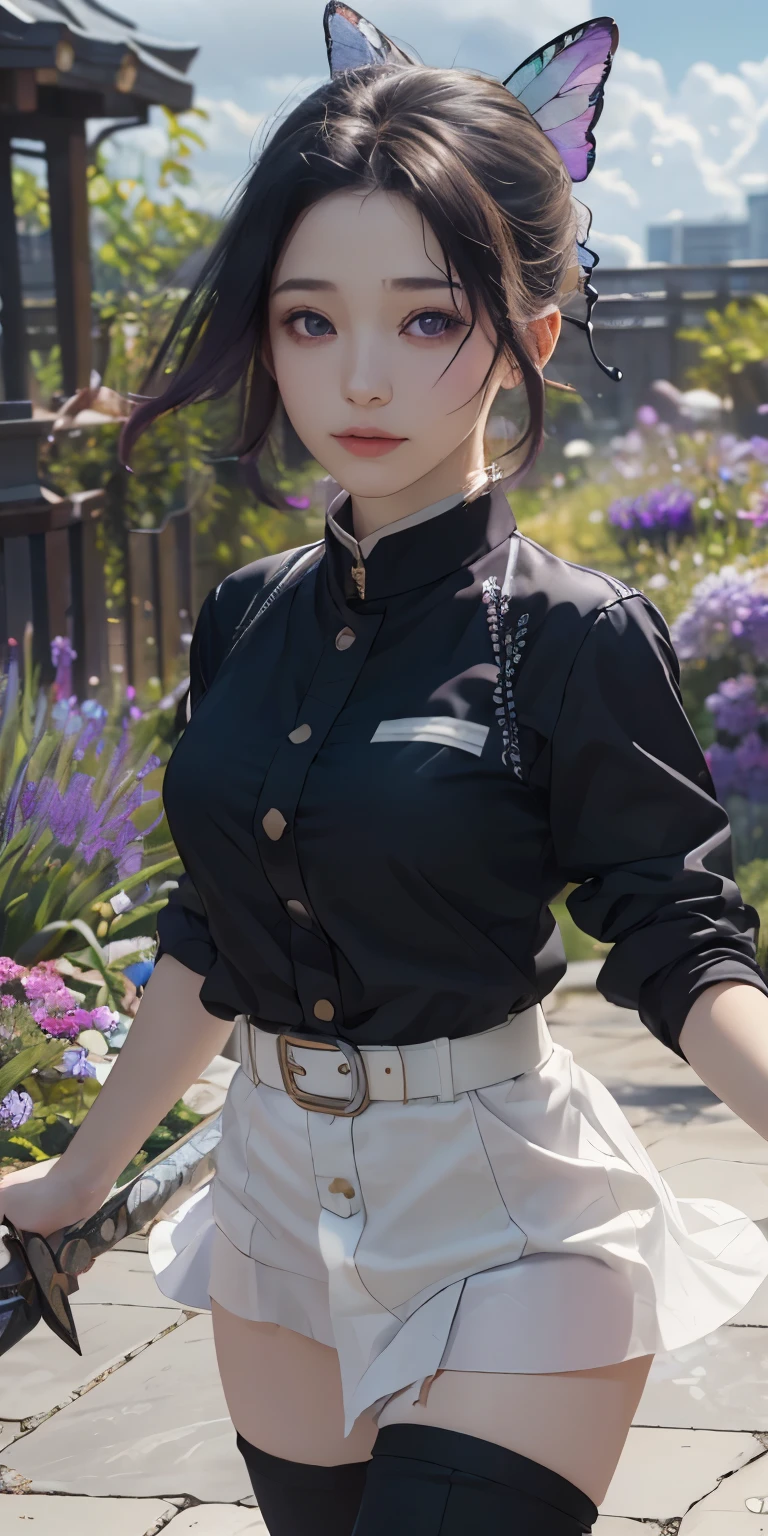 Ultra-realistic 8k CG,white panties:1.4、（Beautiful bikini panties:1.4） masterpiece,（mini skirt生脚white panties:1.4） ,spread legs,show white panties,mini skirt、front、, (weapon in hand: 1.2), (attack: 1.2), beauty, goddess, （生脚white panties:1.3）,frontから, face sticking out, (super detailed background, delicate pattern, intricate details)), high quality, highly detailed face, （超mini skirtから見えるwhite panties生脚:1.4）、highly detailed eyes and face, highly detailed eyes, kocho shinobi, colorful hair, No bangs, hair intake, purple eyes, amount, black shirt, black pants (Haori, butterfly, button, belt, (garden: 1.2), purple flowers, Chibi, cloudy null, sunlight, Tyndall effect, exy、Slope_null, face, gorgeous null, Sword at the waist,Ultra-realistic 8k CG, masterpiece,（mini skirt:1.4） close, (weapon in hand: 1.2), (attack: 1.2), beauty, goddess, frontから, face sticking out, (super detailed background, delicate pattern, intricate details)), high quality, highly detailed face, highly detailed eyes and face, highly detailed eyes, kocho shinobi, colorful hair, No bangs, hair intake, purple eyes, amount, black shirt, black pants (Haori, butterfly, button, belt, (garden: 1.2), purple flowers, Chibi, cloudy null, sunlight, Tyndall effect, Slope_null, face, gorgeous null, Sword at the waist,