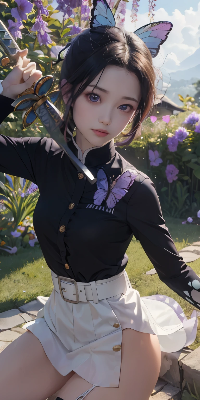 Ultra-realistic 8k CG,white panties:1.4、(Beautiful bikini panties:1.4) masterpiece,(mini skirt生脚white panties:1.4) ,spread legs,show white panties,mini skirt、front、, (weapon in hand: 1.2), (attack: 1.2), beauty, goddess, (生脚white panties:1.3),frontから, face sticking out, (super detailed background, delicate pattern, intricate details)), high quality, highly detailed face, (超mini skirtから見えるwhite panties生脚:1.4)、highly detailed eyes and face, highly detailed eyes, kocho shinobi, colorful hair, No bangs, hair intake, purple eyes, amount, black shirt, black pants (Haori, butterfly, button, belt, (garden: 1.2), purple flowers, Chibi, cloudy null, sunlight, Tyndall effect, exy、Slope_null, face, gorgeous null, Sword at the waist,Ultra-realistic 8k CG, masterpiece,(mini skirt:1.4) close, (weapon in hand: 1.2), (attack: 1.2), beauty, goddess, frontから, face sticking out, (super detailed background, delicate pattern, intricate details)), high quality, highly detailed face, highly detailed eyes and face, highly detailed eyes, kocho shinobi, colorful hair, No bangs, hair intake, purple eyes, amount, black shirt, black pants (Haori, butterfly, button, belt, (garden: 1.2), purple flowers, Chibi, cloudy null, sunlight, Tyndall effect, Slope_null, face, gorgeous null, Sword at the waist,