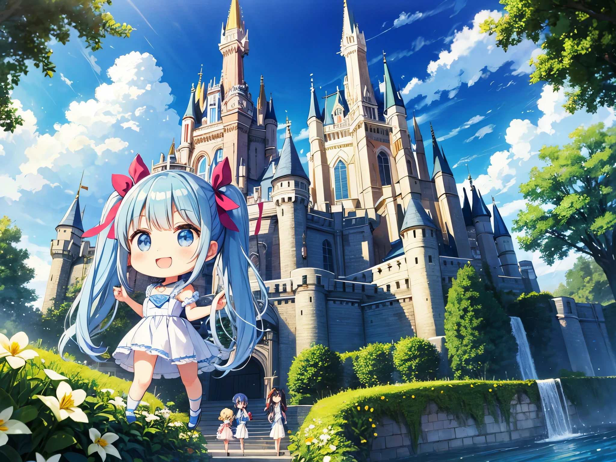 Floating castle in the sky above the clouds Light blue long hair in front of Cinderella Castle in Fairyland、Beautiful girl with twin tails、bright smile Clear blue sky Forest animals and chibi characters Many different flowers are blooming