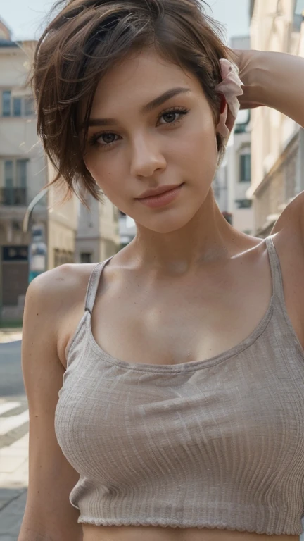 ((Best quality, 8K, Masterpiece :1.3)), Sharp focus :1.2, perfect figure beautiful woman:1.4, Slim abs:1.2, ((Layered short  Hair Style, mischievous expression:1.2)), (Tank top shirt:1.1 ), (the street:1.2), Highly detailed facial and skin texture, detailed eyes, double eyelid，Keep one's mouth shut，perfect breast full nude 