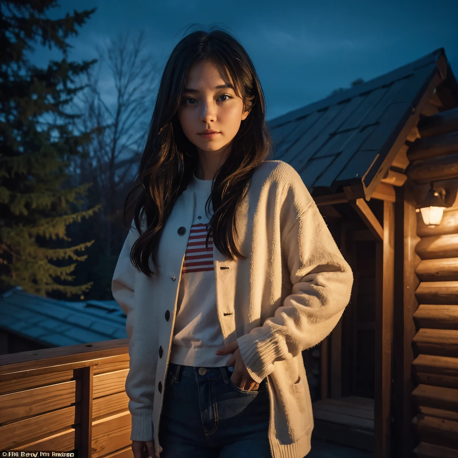 Create an image with an average American girl along with the night in the background and a cabin