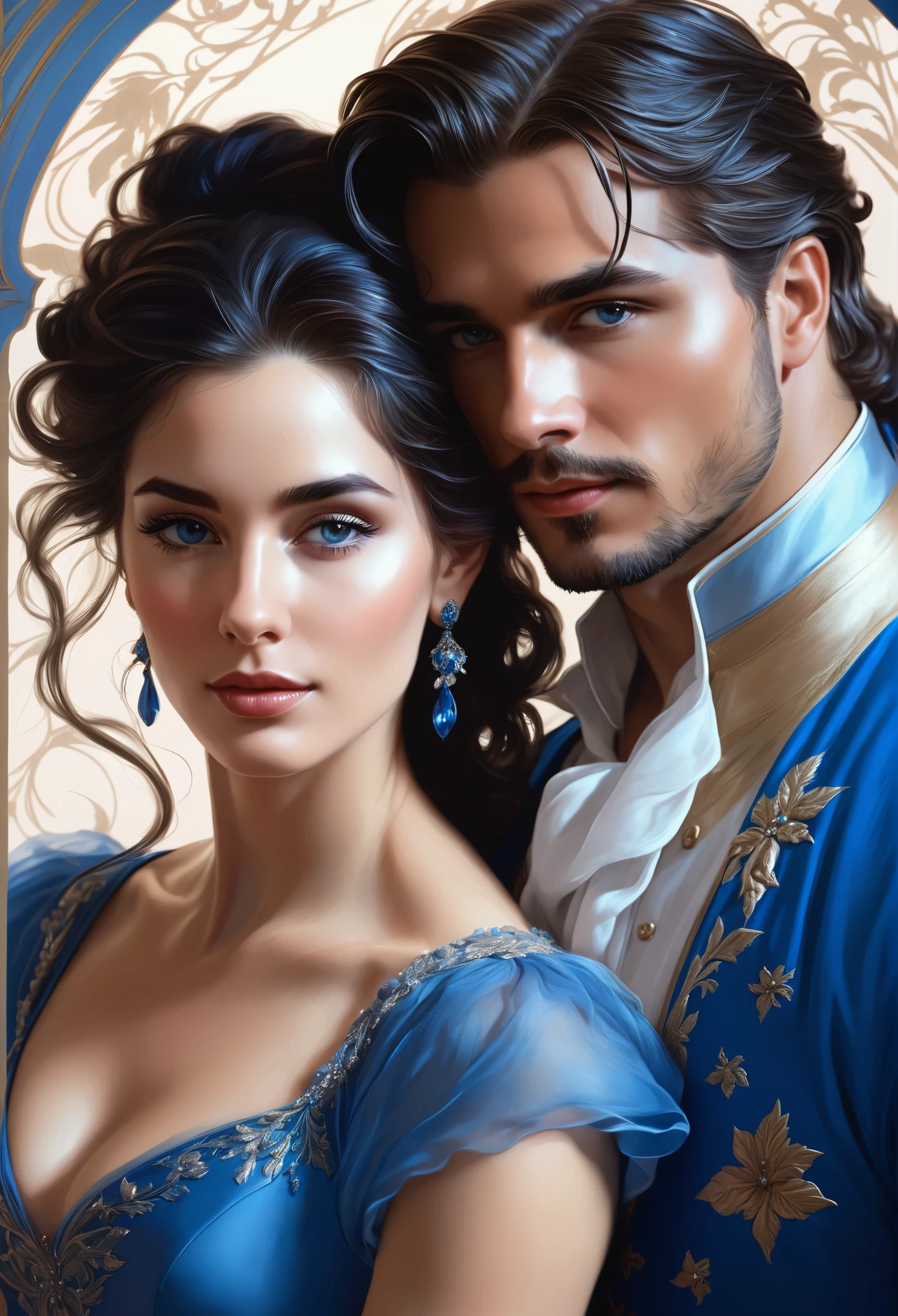 close-up of a man and woman in a blue dress, Royal Ball, European facial features, Charlie Bowater and Artgim, inspired Magali Villeneuve, romance novel cover, Magali Villeneuve, magali villeneuve and monet, Graphic artist Magali Villeneuve, Magali Villeneuve, Edmund Blair and Charlie Bowater, Charlie Bowater and Artgerm
