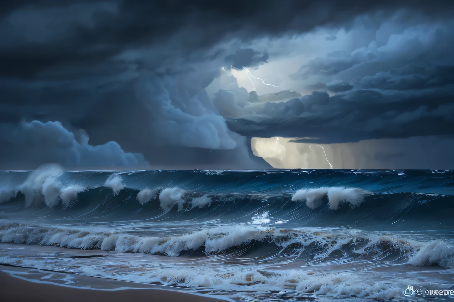 violent storm，The sea roared，Huge waves rolling，The waves lap against the reef on the shore，Splash，The sky is gloomy，Dark clouds rolling，Thunder and lightning，Seagulls fly between the waves，Water and sky，The sound of the waves is deafening，majestic，Amazing，The overall composition is impeccable, surreal art，8k,Artistic style is a depiction of nature，Invoke a sense of awe in the audience，Exquisite details，ambient light，Depression，medium long shot，--3:4 -- Stylization 100