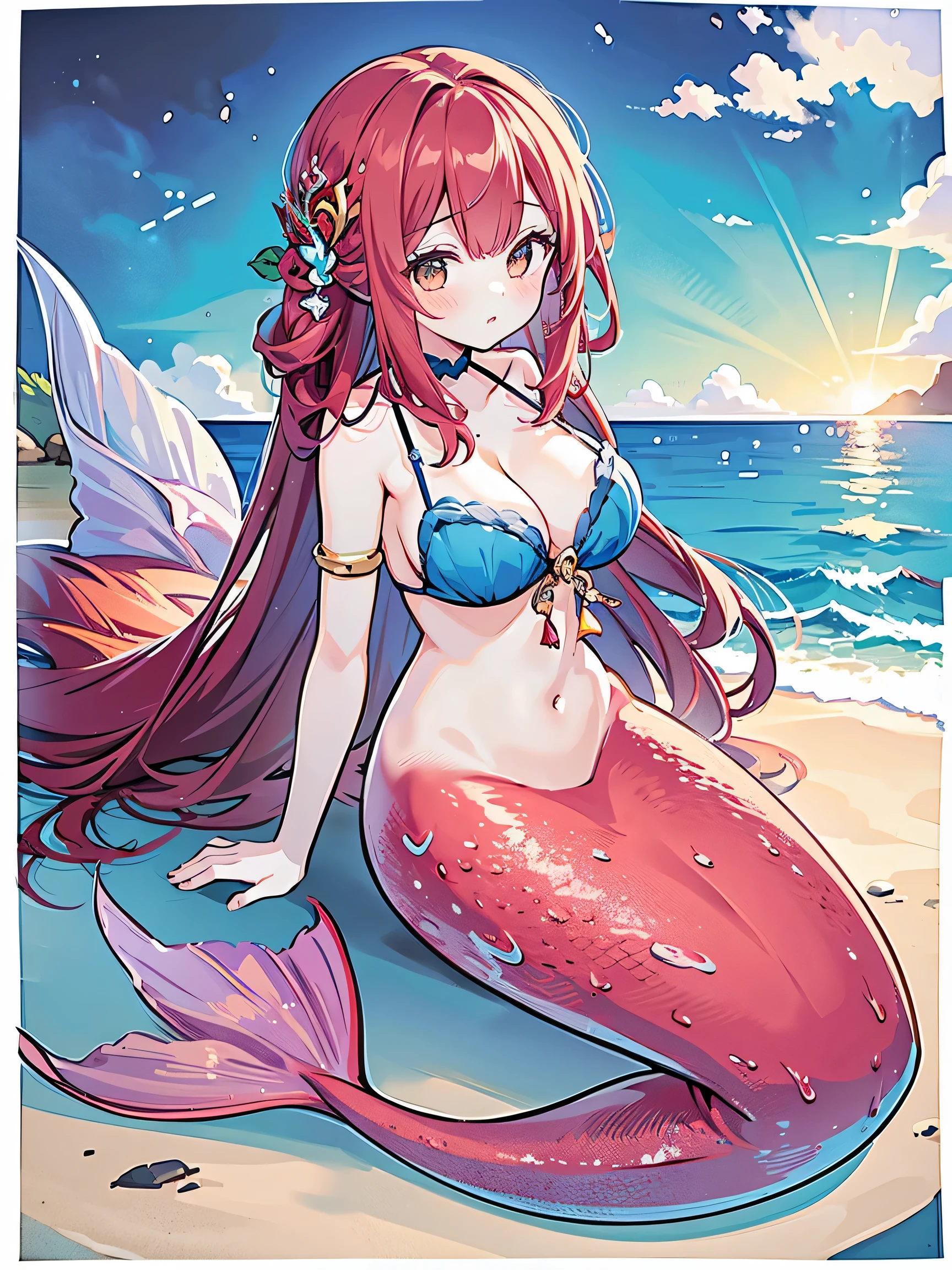 masterpiece, best quality,a girl,big breasts,Mermaid,red mermaid tail,full-body shot,beach,sea view,charming face(kawaii, charming,soft)