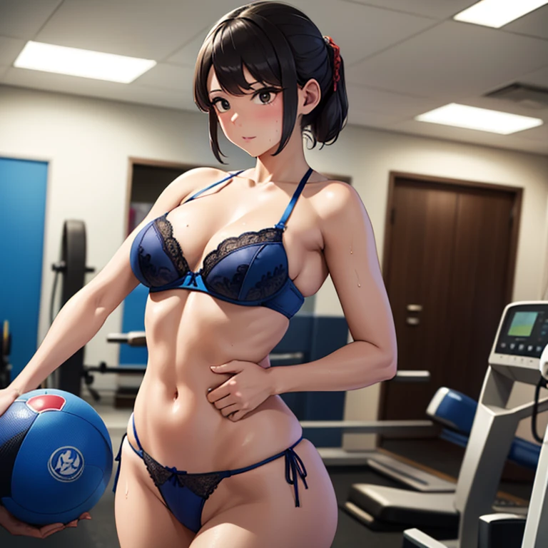 joven japonesa, , mejorar, alumno, Small lace bra, minifalda azul, Cuerpo, Delgado, pechos grandes, Piernas gruesas, Delgado waist, gimnasio de la escuela, sweaty Cuerpo, cinematic lighting, semi desnuda, Erotic poses, showing more, tiny thonge, side thong