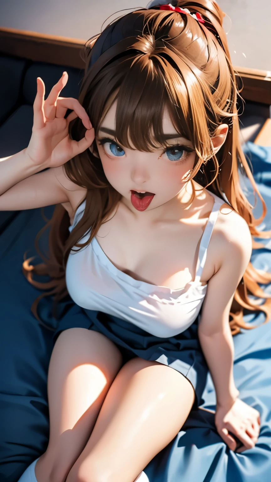 ((highest quality, 8K, masterpiece:1.3, realistic:1.3)), {{lying in bed, From above, dakimakura}}, Japan , single woman,  very light brown hair, With bangs, ( socks, thick tank top,Store the song on the cotton side), Highly detailed face and skin texture, fine eyes, lip details, The hair is very well drawn, Pueros face,  embarrassed look, natural makeup:1.0,skirt lift, FERRATIO gesture,