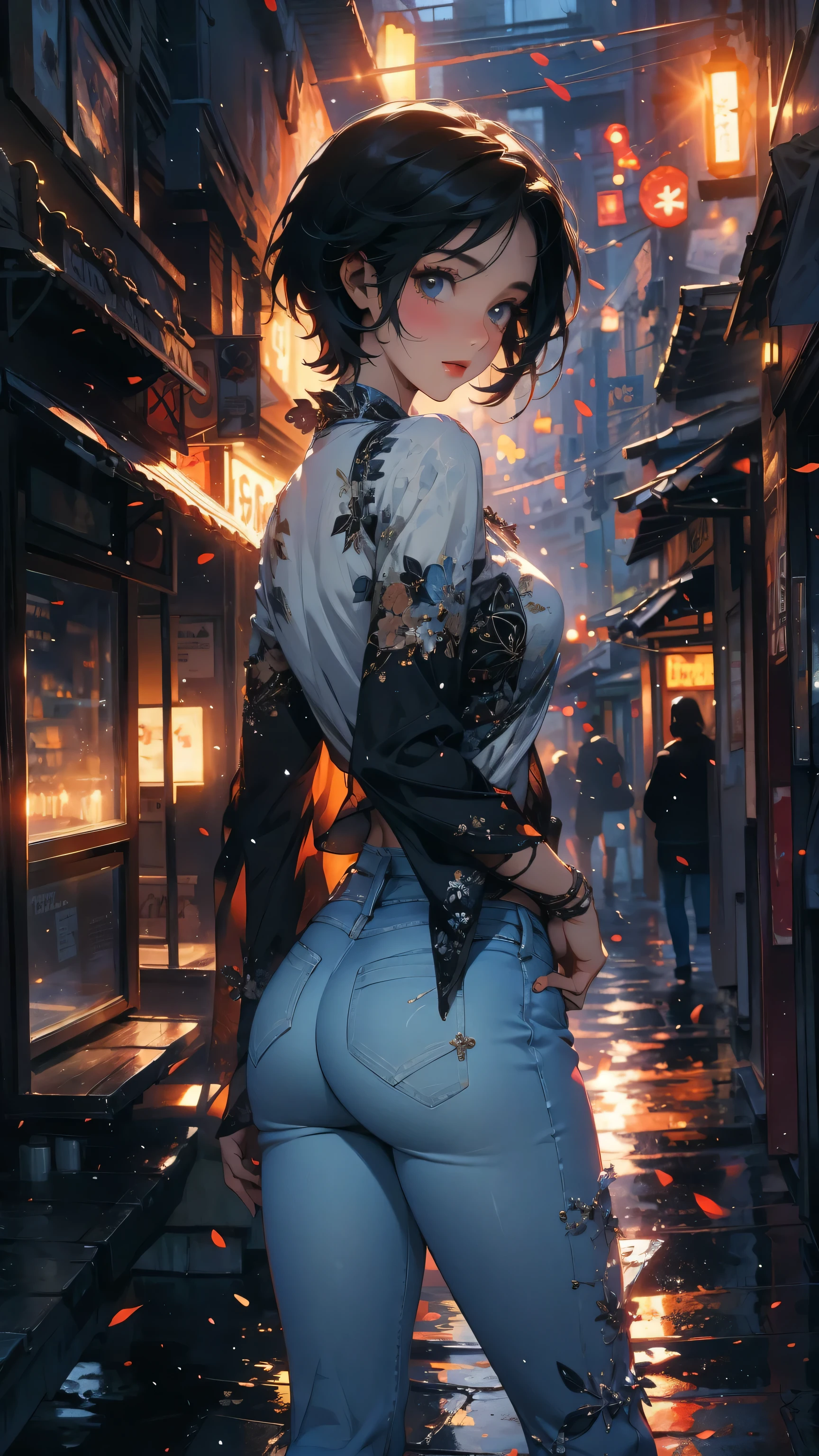 (Highly detailed CG unit 8k wallpaper, masterpiece, High resolution, highest quality, natural skin texture), Composition from head to stomach:1.5, (20 year old woman, Hands in pockets pose:1.3, smile, detailed eyes, gradient eyes), (Stalgic Fashion, detailed costume, fine embroidery, White lace stitch textured blouse, No sleeve:1.2, skinny jeans, Asymmetrical short hair:1.2), (Backstreets of Paris:1.3, Colourful flower beds along the road, cinematic lighting), high contrast, hyper realistic, digital painting, concept art,