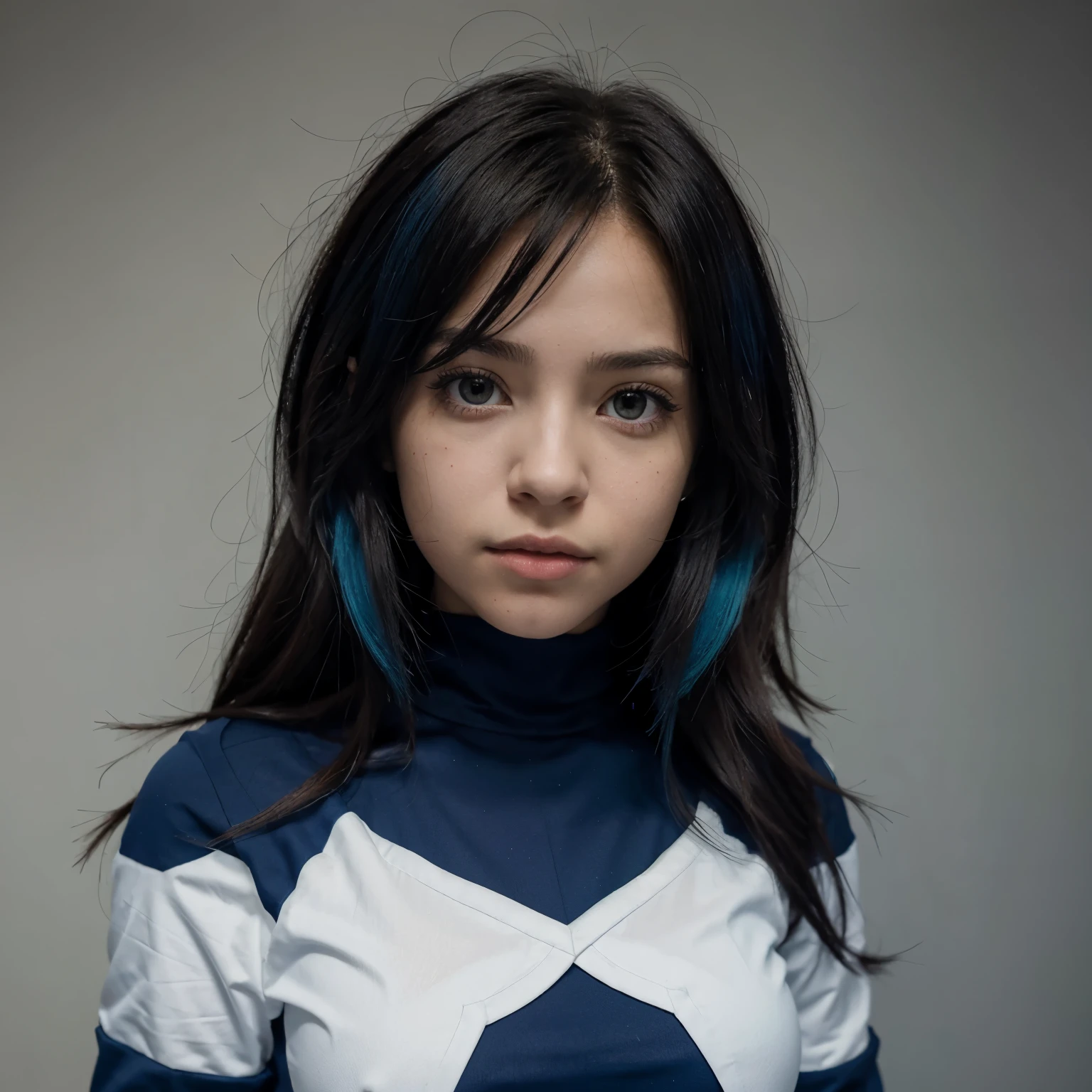 UA background, her name is Muka, she is serious, she is 15 years old, she has a ponytail, her hair color is black, blue eyes, tall, skinny, white, in the UA uniform from My Hero Academia.