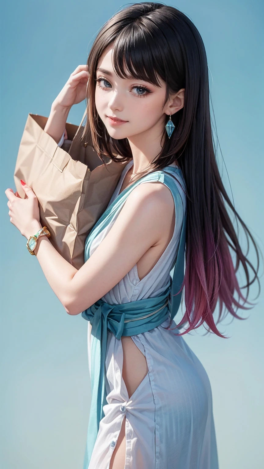 (最high quality, 8K, masterpiece: 1.3, Ultra HD, high quality, 最high quality, High resolution, realism)) 、25 year old white woman、brunette、blue eyes、long hair、smile、slender、slenderだがアスリートのような細マッチョ、I don't want my head to disappear from the screen.、Wear accessories on your wrist、Wearing red nail polish、I have a peticure、Wearing sheer Japanese clothing、wear sandals、Carry a tote bag over your shoulder、Pastel blue background、Waiting for a traffic light at an intersection、crystal earrings((crystal earrings))、Gradient color hairstyle ((gradient hair))、inner color((colored inner hair))、japanese hair((nihongami))