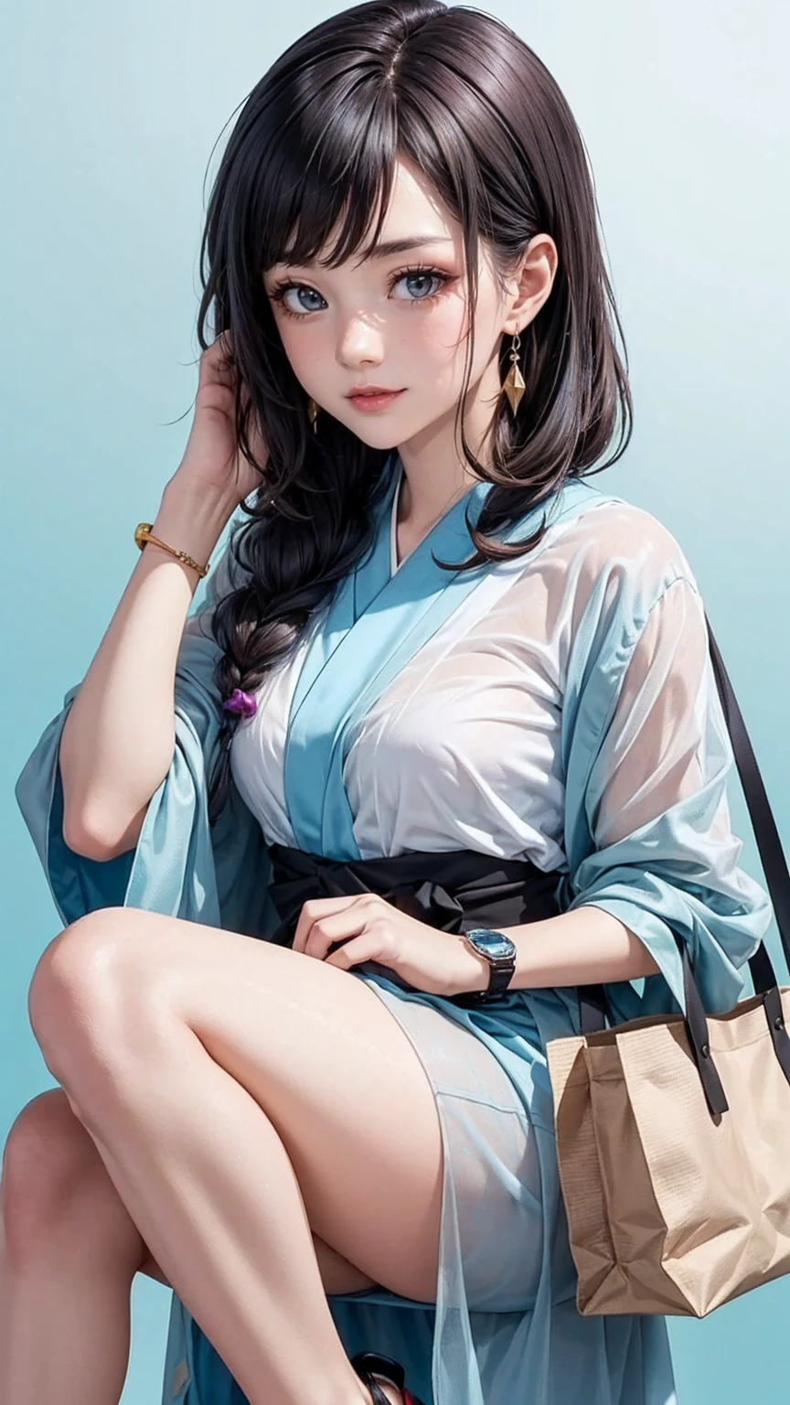 (最high quality, 8K, masterpiece: 1.3, Ultra HD, high quality, 最high quality, High resolution, realism)) 、25 year old white woman、brunette、blue eyes、long hair、smile、slender、slenderだがアスリートのような細マッチョ、I don&#39;t want my head to disappear from the screen.、Wear accessories on your wrist、Wearing red nail polish、I have a peticure、Wearing sheer Japanese clothing、wear sandals、Carry a tote bag over your shoulder、Pastel blue background、Waiting for a traffic light at an intersection、crystal earrings((crystal earrings))、Gradient color hairstyle ((gradient hair))、inner color((colored inner hair))、japanese hair((nihongami))