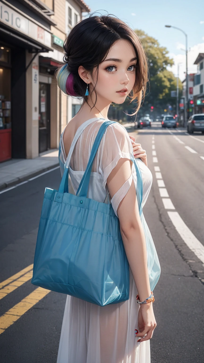 (最high quality, 8K, masterpiece: 1.3, Ultra HD, high quality, 最high quality, High resolution, realism)) 、25 year old white woman、brunette、blue eyes、long hair、smile、slender、slenderだがアスリートのような細マッチョ、I don't want my head to disappear from the screen.、Wear accessories on your wrist、Wearing red nail polish、I have a peticure、Wearing sheer Japanese clothing、wear sandals、Carry a tote bag over your shoulder、Pastel blue background、Waiting for a traffic light at an intersection、crystal earrings((crystal earrings))、Gradient color hairstyle ((gradient hair))、inner color((colored inner hair))、japanese hair((nihongami))