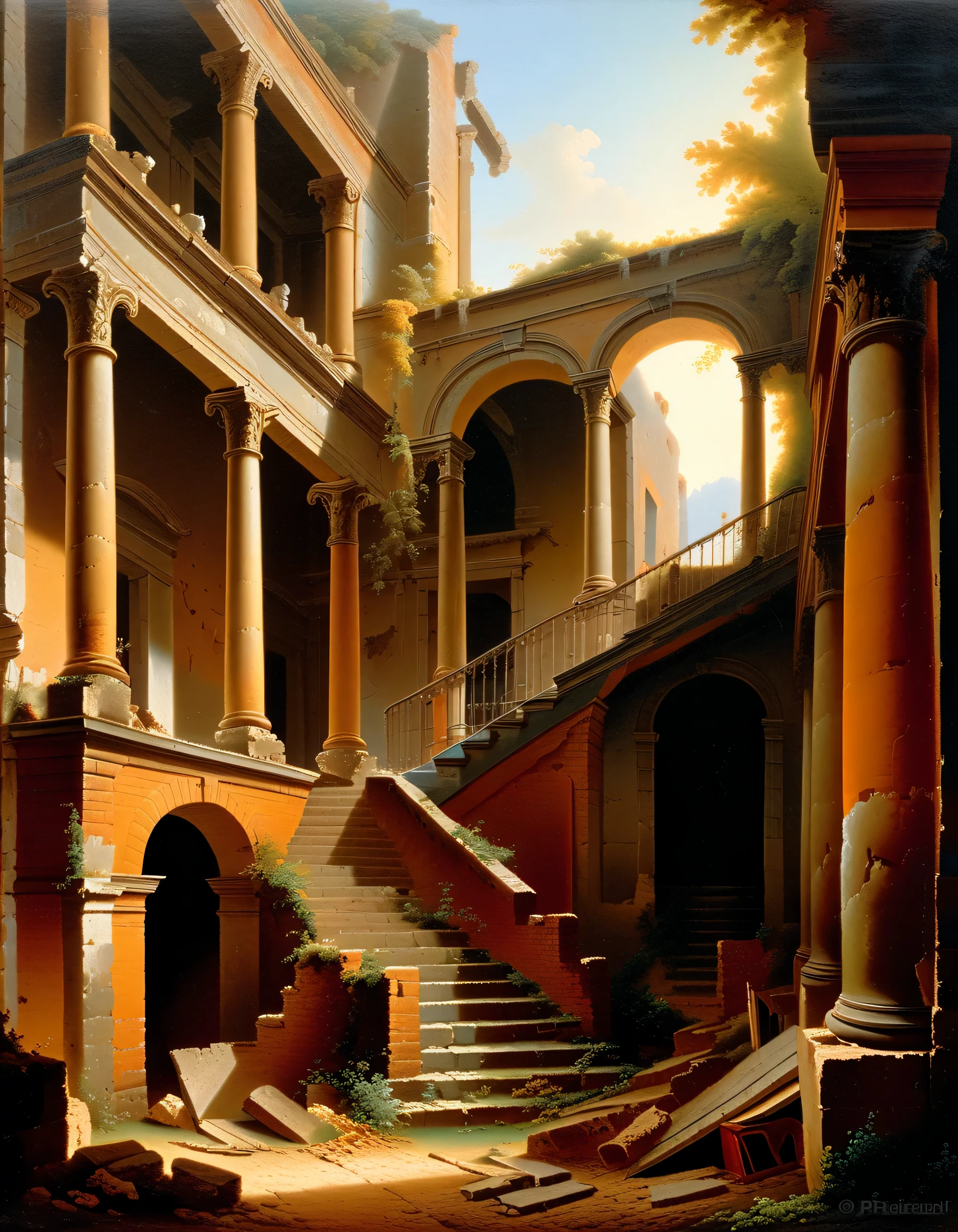 arafed view of a ruined building with a staircase leading to a courtyard, by Hubert Robert, style of hubert robert, inspired by Sebastiano Ricci, inspired by Hubert Robert, achenbach, lee madgwick and hubert robert, by Sebastiano Ricci, robert hubert, giovanni paolo panini style epic, an abandonded courtyard, baroque environment