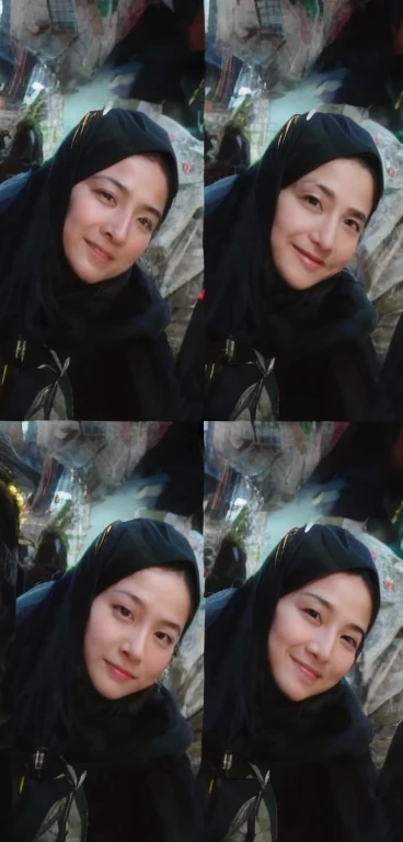 there are many pictures of a woman with a black scarf, with accurate face, with kind face, postprocessed), ☁🌪🌙👩🏾, potrait, inspired by Naza, selfie photo, with funny feeling, old picture, panting, close up potrait, desaturated!!, friedly smile, face picture, picture, happy expression. (((a deep reddish wound crosses her left cheek))) fair complexion, woman around 19 years old, natural white hair, distinctive green eyes, wearing kohl, slender and graceful, beautiful, candlelight in a medieval setting, ultra sharp focus, realistic shot, medieval female clothes, tetradic colors (scar:1.4)