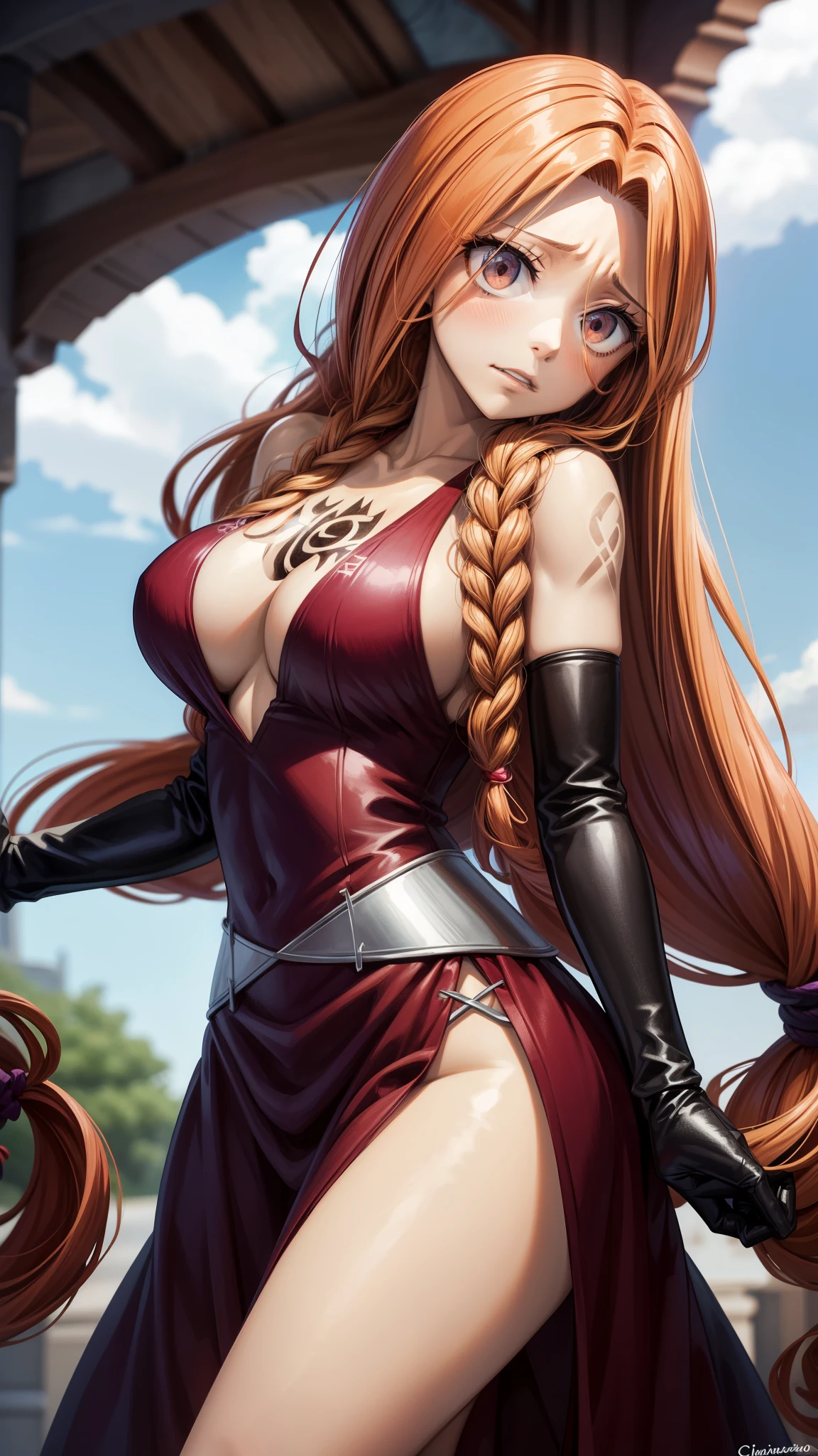 anime fairy tail, personaje lflare, pelo anaranjado largo en dos coletas, rostro hermoso, pecho grande, trasero grande, Curvaceous Body, calidad, 4k, adolescente, atractiva. Flare es una joven de piel clara de estatura media, con el pelo largo, color rojo, They are gathered on both sides of the head and tied into a pair of braided pigtails., masivas, que llegan hasta la cintura, y parecen seguir siendo por lo general arqueado, Backwards. Ella tiene labios gruesos y ojos rojizos, que siempre se muestran algo de par en par, que, junto con las cejas levantadas y perpetuamente su boca semi-abierta, gives him a somewhat crazy expression. Furthermore, ella parece tener bolsas visibles por debajo de los ojos, agregando a su aspecto distintivo. Flare posee un cuerpo muy voluptuoso, con senos masivos encontrados por las caderas de manera similar, la dota de una casi perfecta figura de un reloj de arena. Su hombro izquierdo tiene una cicatriz en forma de una "X", y su oscura marca de Gremio se encuentra en la parte superior de su pecho derecho. Flare tiene un vestido rojo muy revelador, que deja la mayor parte de su cuerpo superior al descubierto, es decir, su espalda, los lados y una gran parte de su escote que casi le llega hasta el ombligo (y, en consecuencia, parte de su marca de gremio) completamente expuestos, asegurado por correas de cuello halter. El vestido casi llega hasta los tobillos, con la parte que cubre sus piernas con volantes, and a lighter section, consisting of two elongated patches that act as a type of strap, en correspondencia a la cintura, al parecer, se cose a la ropa. El traje de Flare se completa con guantes largos que llegan casi hasta los hombros, haciendo coincidir su vestido en color, each with a small cut on the outer top edge, y las botas simples y de color claro