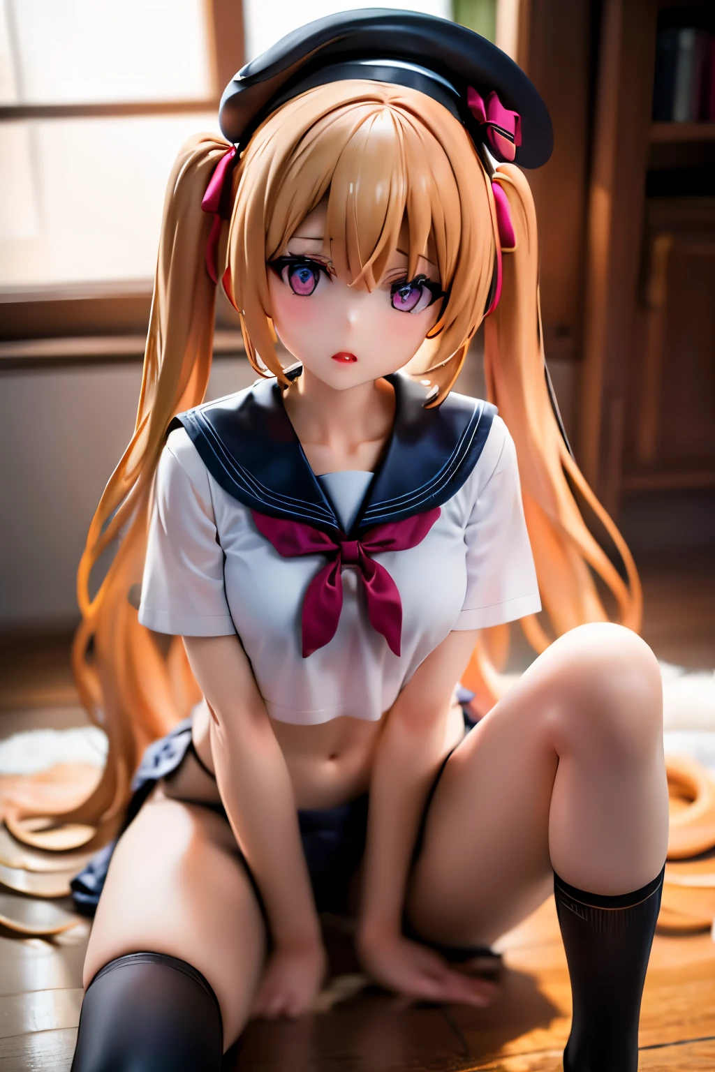 A girl looks at me, sailor suit, red ribbon, tan, blonde, twintails, loose socks, looking sideways, looking up, surprised expression, masterpiece, detailed eyes, foundation, eye shadow, pink lipstick, brightening her cheeks, Hokkaido scenery, blurred background