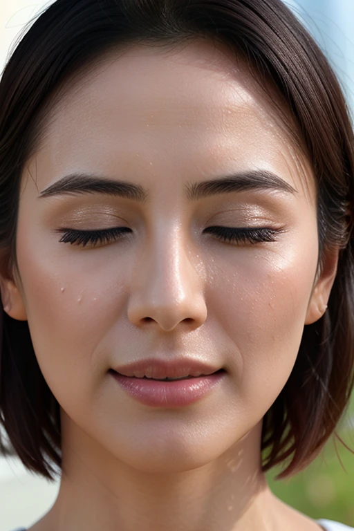beautiful japanese actress,(photo realistic:1.4), (hyper realistic:1.4), (realistic:1.3),very detailed,, woman with open mouth and closed eyes , face focus、Skin shiny with sweat、Illumination that highlights the shine of sweat, black haired、NSFW、being thin、big breasts thin waist、abs、Raise your arms and go behind your head、close up of face,super close up of nose,face shot,Low - Angle:1.5,realistic nostrils、short cut hair、on the lawn、