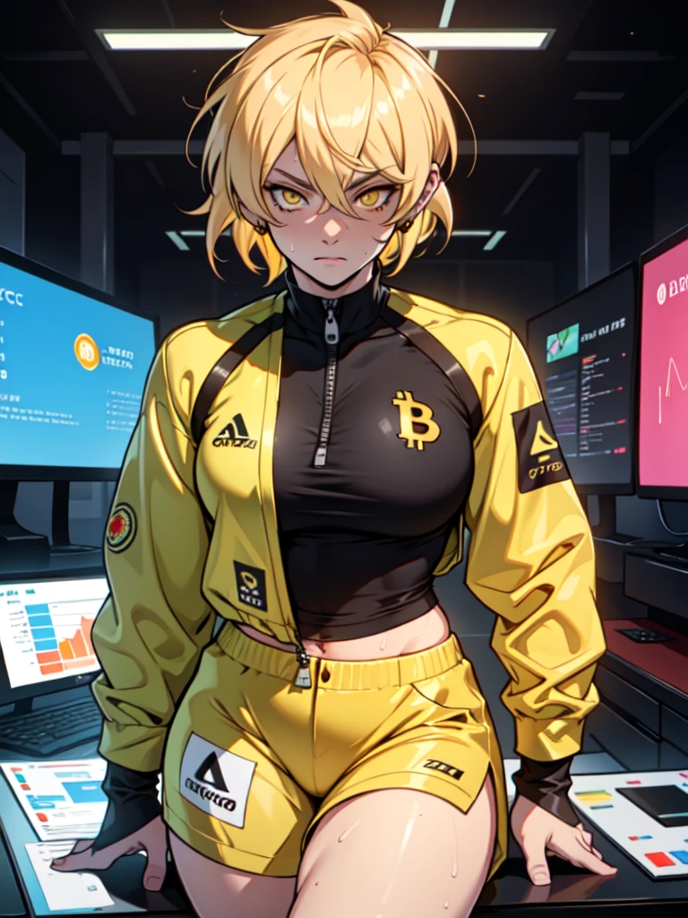 enojado (chica musculosa cuerpo tonificado pechos enormes) yellow eyes hair between the eyes pale skin sweaty tattoo with several bitcoin fortunes in the background several screens Each Etherius NFT is unique, showing subtle variations in its design that reflect cryptocurrency market fluctuations