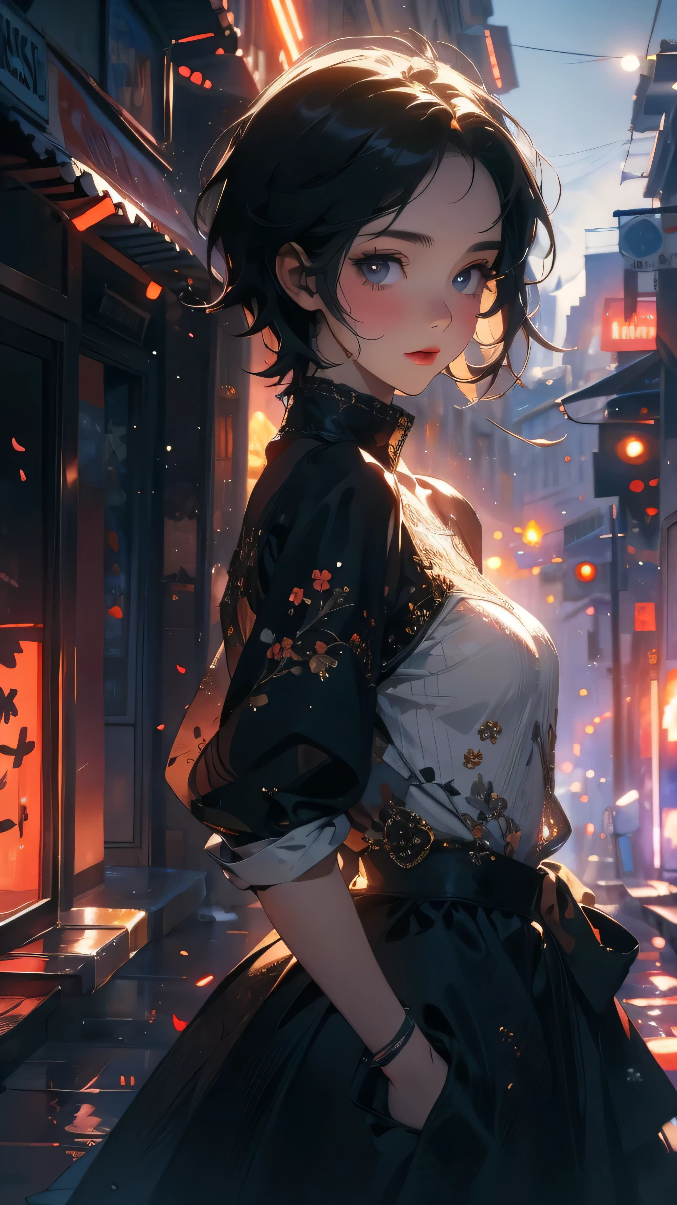 (Highly detailed CG unit 8k wallpaper, masterpiece, High resolution, highest quality, natural skin texture), Composition from head to stomach:1.5, (20 year old woman, Hands in pockets pose:1.3, smile, detailed eyes, gradient eyes), (Stalgic Fashion, detailed costume, fine embroidery, Contrast lace eyelet knit sweater, Asymmetrical short hair:1.2), (Backstreets of Paris:1.3, Colourful flower beds along the road, cinematic lighting), high contrast, hyper realistic, digital painting, concept art,
