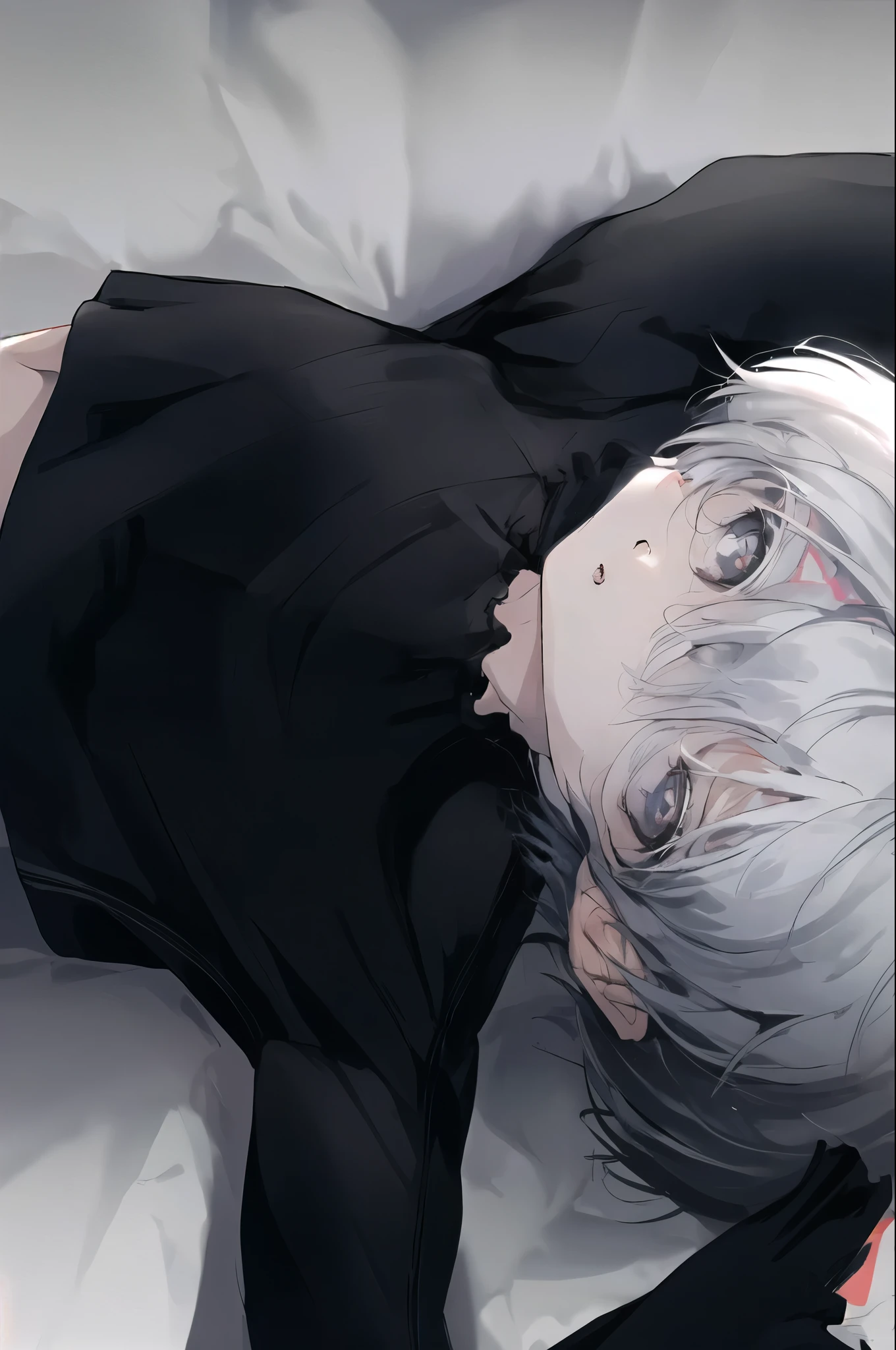 anime style image，A white-haired woman in black lying on the bed, Kaneki Ken, Kaneki Ken, tokyo ghoul, Kaoru Nagisa, anime wallpaper, 4k comic wallpaper, 2b, 2b, White hair, hd anime wallpaper, 4k anime wallpaper, whole body silver eyes