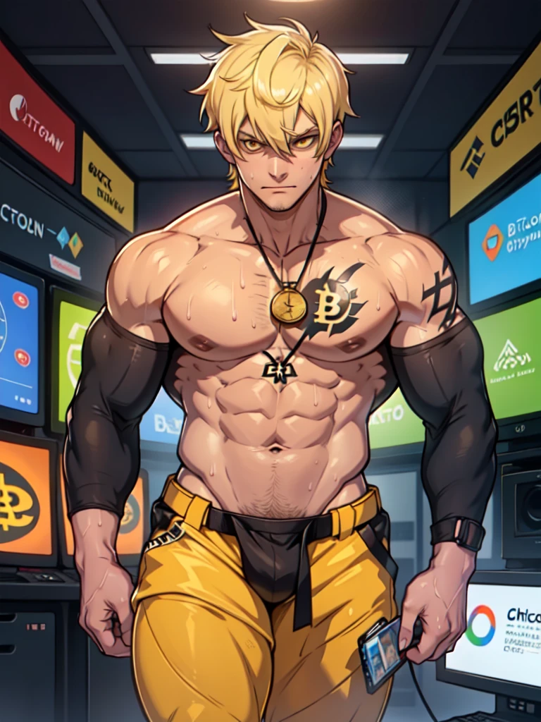 enojado (chica musculosa cuerpo tonificado pechos enormes) yellow eyes hair between the eyes pale skin sweaty tattoo with several bitcoin fortunes in the background several screens Each Etherius NFT is unique, showing subtle variations in its design that reflect cryptocurrency market fluctuations