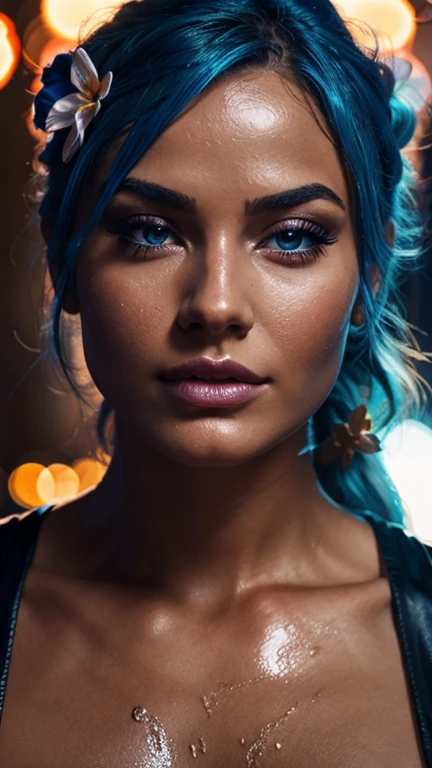 a close up of a woman with blue hair and a flower in her hair, makeup. unreal engine, wet shiny skin, slightly tanned, close up of a blonde woman, captivating glowing lights, bronze face, inspired by Petros Afshar, portrait of nordic girl, tears running down face, 4 k editorial photograph, glossy photo,flat chested,pov, Orgasm and passion on the face, excited lips,orgasmface, Very excited look and look