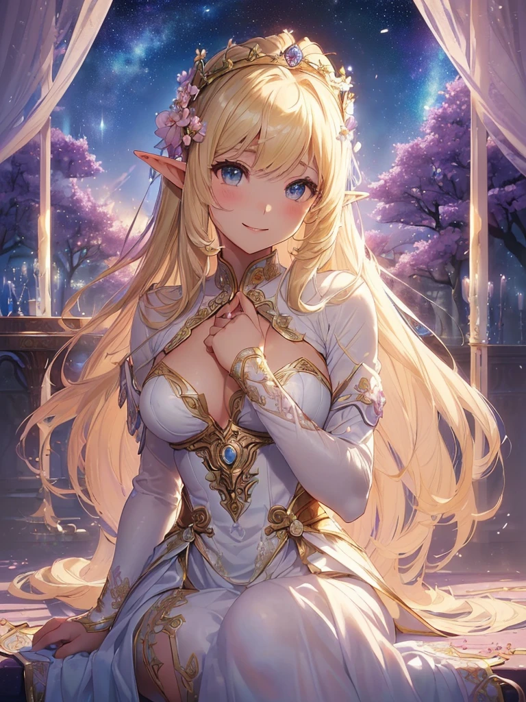highest quality、Highest image quality、masterpiece、beautiful face、、Titania、Super beautiful elf beauty((22 years old OL big bust、bust 90,beautiful long ironed hair、blonde、Height: 165cm。slender、sexy、Esbian、beautiful tiara、night、High quality、美しいart、Beautiful bed、canopy、Sky curtain、muste piece、ビジュアルart、Depth of the bounds written、、elf ears、、Lightのmagic、universe、Earth、A happy smile、穏やかなLight、Elven Forest、cherry blossoms、、elegant、ticker beautiful decorative、Marble City、mystical　rosa、dance、flower瓶、magicのflower、flowerを作るmagic、Light、　the sky、beautiful dressy、beautiful dresyth、ART、Lord of the Ring、spectacular scenery、sexy、friendly smile、fantastic world、cherry blossoms、舞い散るflowerびら、cherry blossomsのflower、universeのmagic、magicのLight、fantasy、flower、super REALITYMany roseagic、Interior decoration、Many tapestries、Grow fantasy、、mysteryのLight、Florence、Rome、byzantine、renaissance、Art nouveau、Alphonse　Mucha、、art、art,mystery,UHD,magicalgentle light,sexy、
