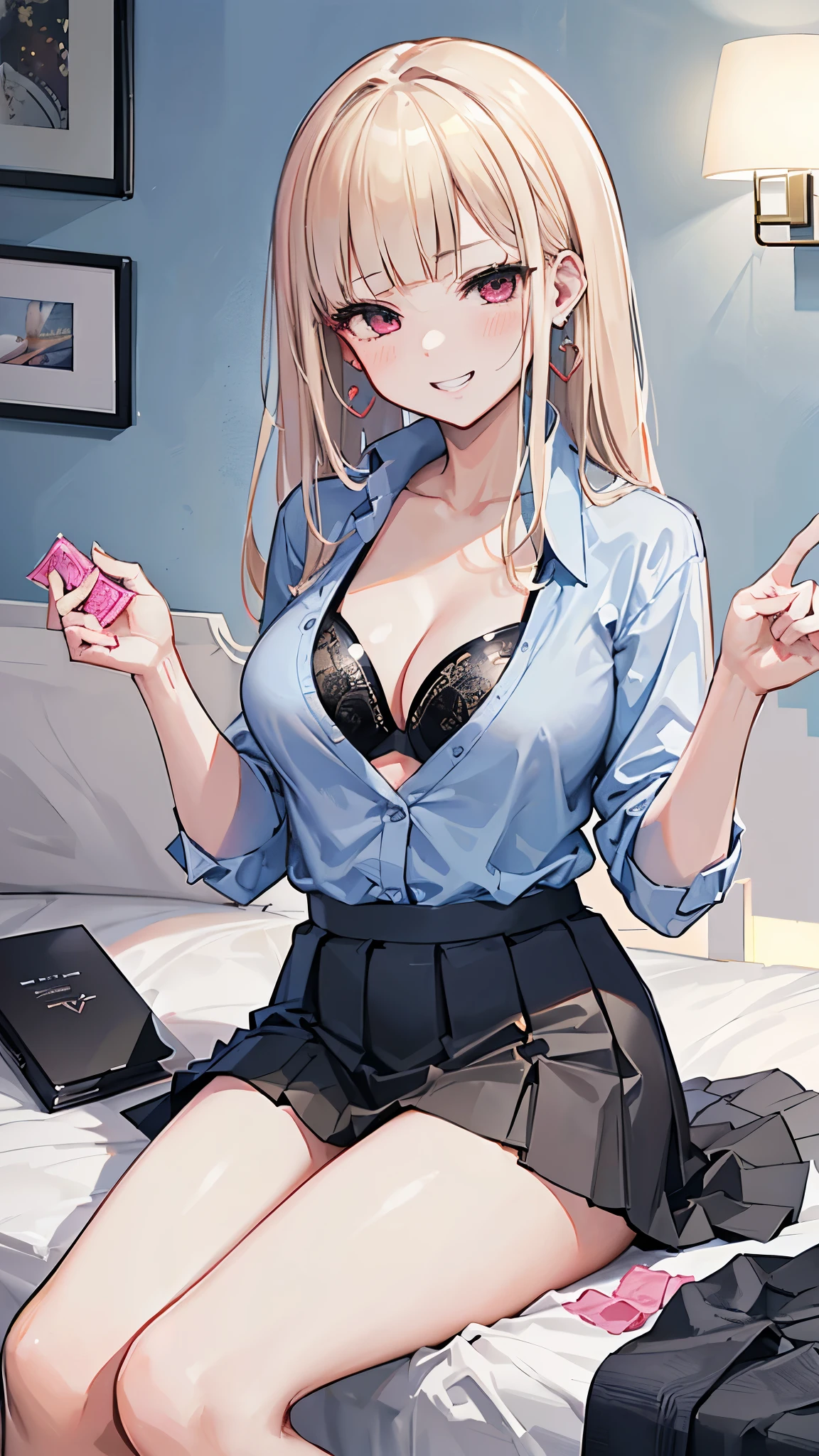 (8K、Highest image quality、highest quality、masterpiece)、detailed face、 1 girl、nakamura misaki (nanae), light blonde hair, blunt bangs, long hair, pink eyes, heart shaped earrings, mole under eye、evil smile、((grin))、big breasts、((Light blue collared shirt))、((open shirt))、((black bikini))、cleavage、((black pleated skirt))、cowboy shot、lovehotel、LHbedpanel、bed、pillow、indoors、((used condom))、((Condom Wrapper))、 sit on the bed、bedroom background
