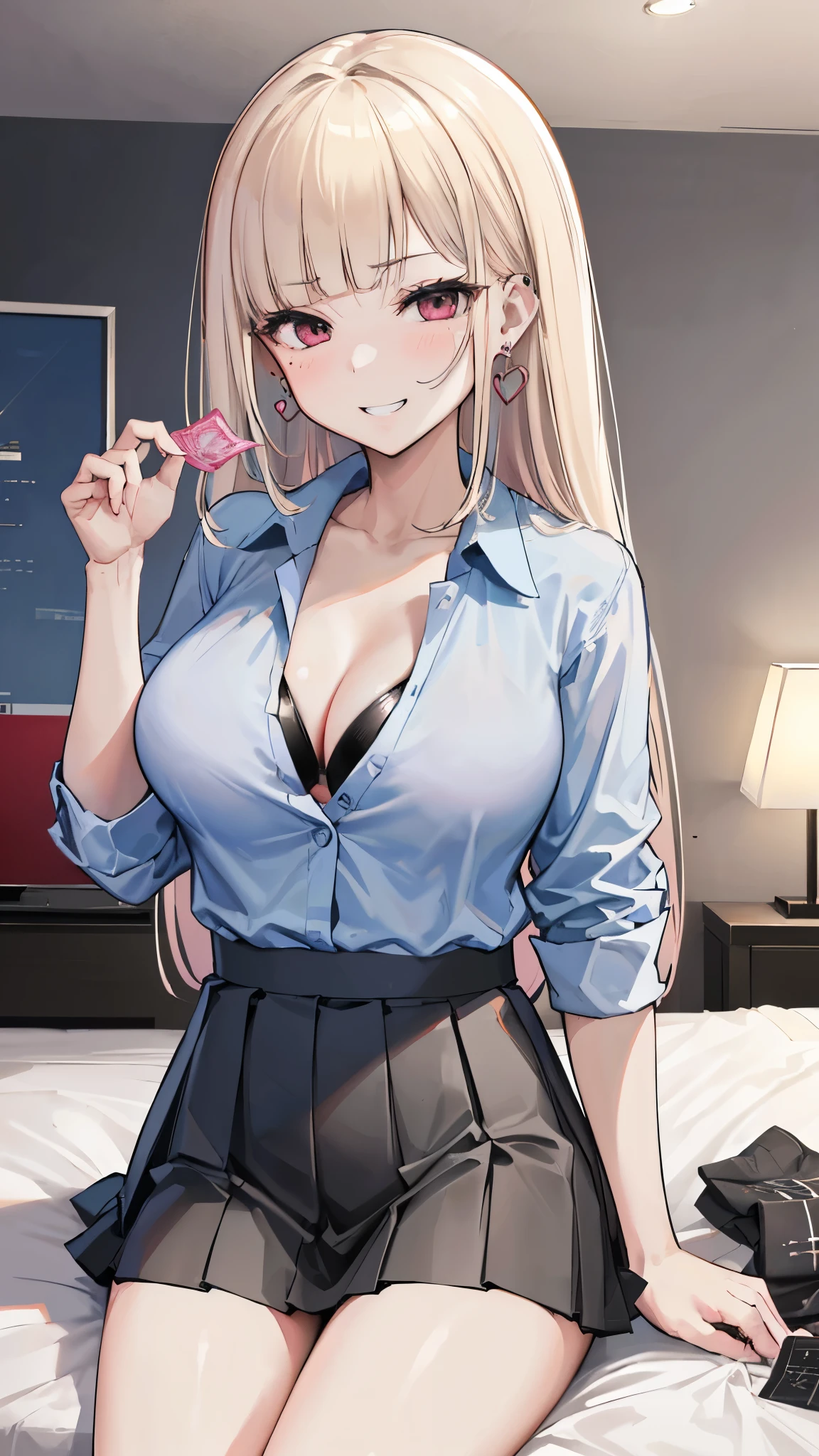 (8K、Highest image quality、highest quality、masterpiece)、detailed face、 1 girl、nakamura misaki (nanae), light blonde hair, blunt bangs, long hair, pink eyes, heart shaped earrings, mole under eye、evil smile、((grin))、big breasts、((Light blue collared shirt))、((open shirt))、((black bikini))、cleavage、((black pleated skirt))、cowboy shot、lovehotel、LHbedpanel、bed、pillow、indoors、((used condom))、((Condom Wrapper))、 sit on the bed、bedroom background
