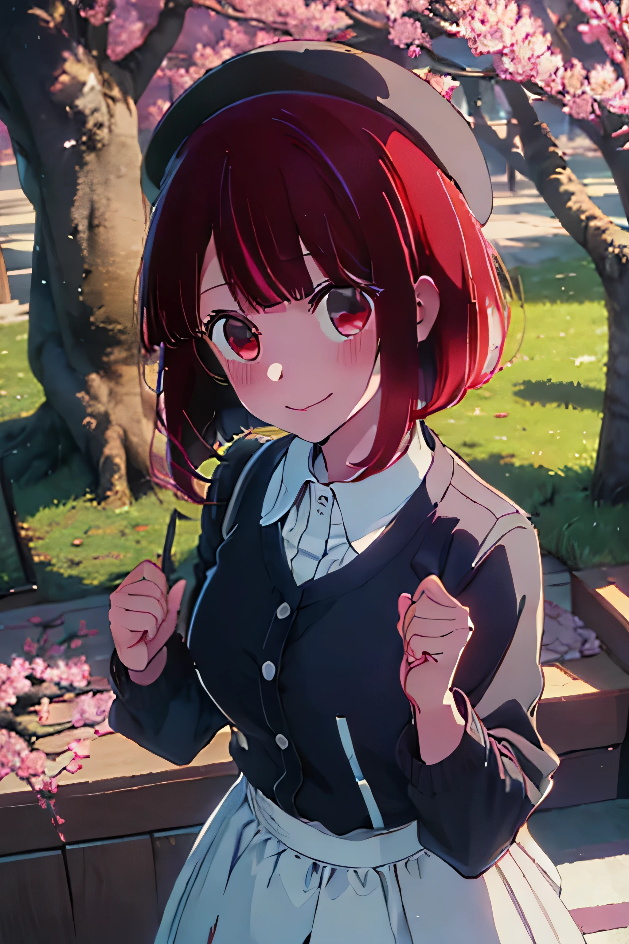 anime style illustration, highest quality, girl 1, solo, close up of face, Cherry blossom viewing, Cherry tree, sunny, SAKURA, Looking at a tree, (smile, young girl, Red hair, red eyes, short bob, uniform, hat, dye one&#39;s cheeks, Slim body )