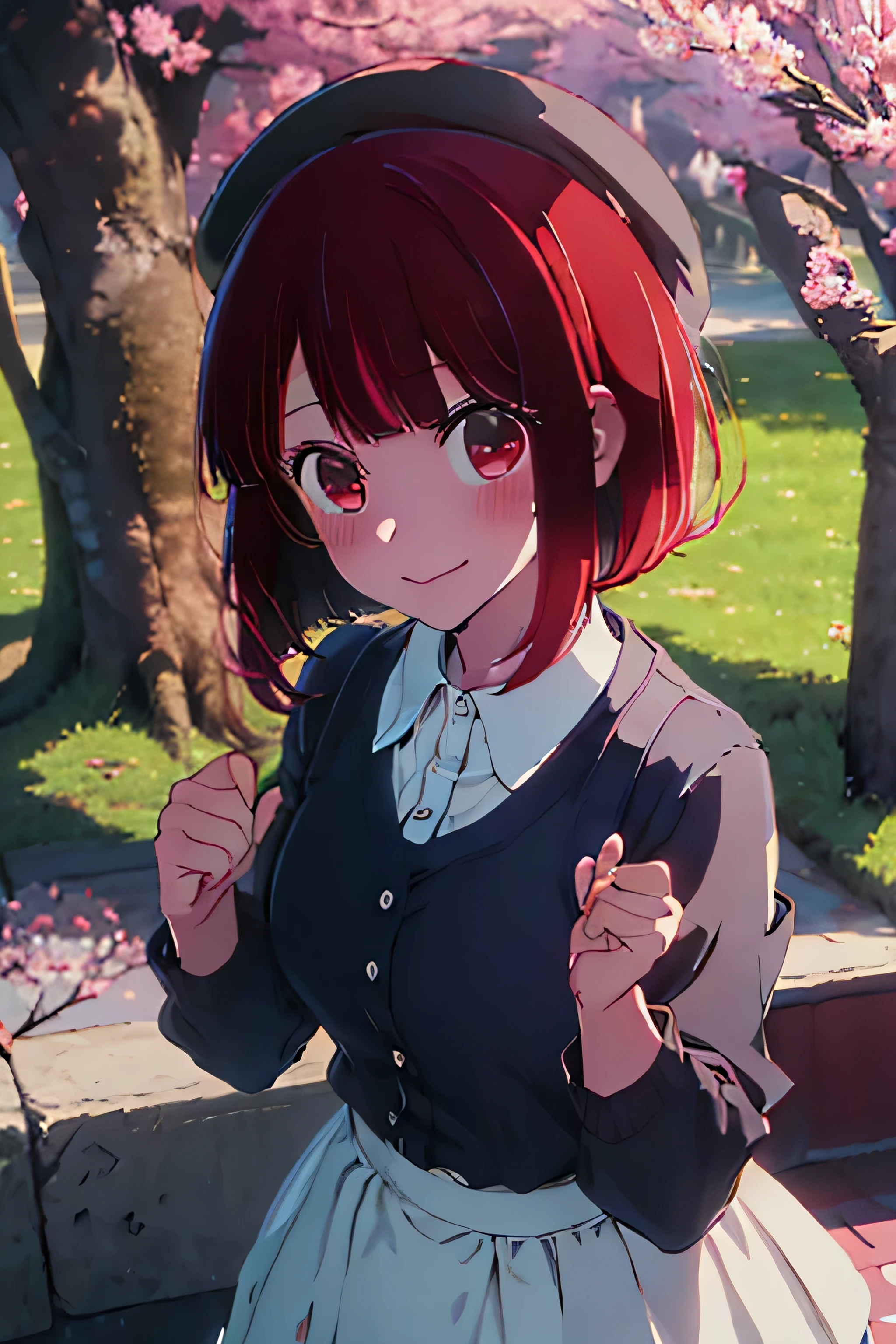 anime style illustration, highest quality, girl 1, solo, close up of face, Cherry blossom viewing, Cherry tree, sunny, SAKURA, Looking at a tree, (smile, young girl, Red hair, red eyes, short bob, uniform, hat, dye one&#39;s cheeks, Slim body )