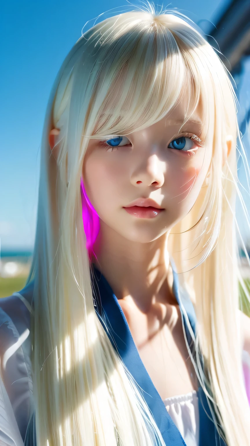 A very beautiful albino girl、Windy blonde hair clinging to a very beautiful face、Beautiful bright pale sky blue eyes hidden in hair、white glossy skin、floating hair、Beautiful super long shiny silky taller super long blonde hair、beautiful bangs、sexy 18 year old very beautiful woman、unparalleled beauty、cheek gloss、beautiful skin、small face beauty、eyeliner、hair over eyes、hair over one eye、hair between eyes、round face