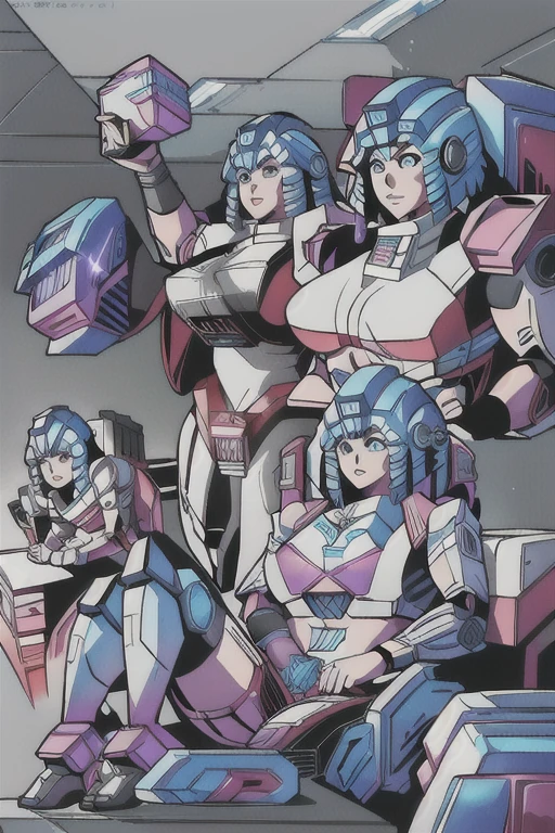masterpiece, highest quality, (全員Woman Cybertron), (All of them have perfect, cute human female faces.), All of the bodies have their internal skeletons exposed except for their faces., None of them are wearing exoskeletons., Everyone is showing off their bodies, lively, All have colorful internal skeletons, Inside the maintenance workshop, maintenance, Great hall, 背景の整備中のWoman Cybertron, sitting, multiple, full body shot, Woman Cybertron, (6+Woman Cybertron:1.9).