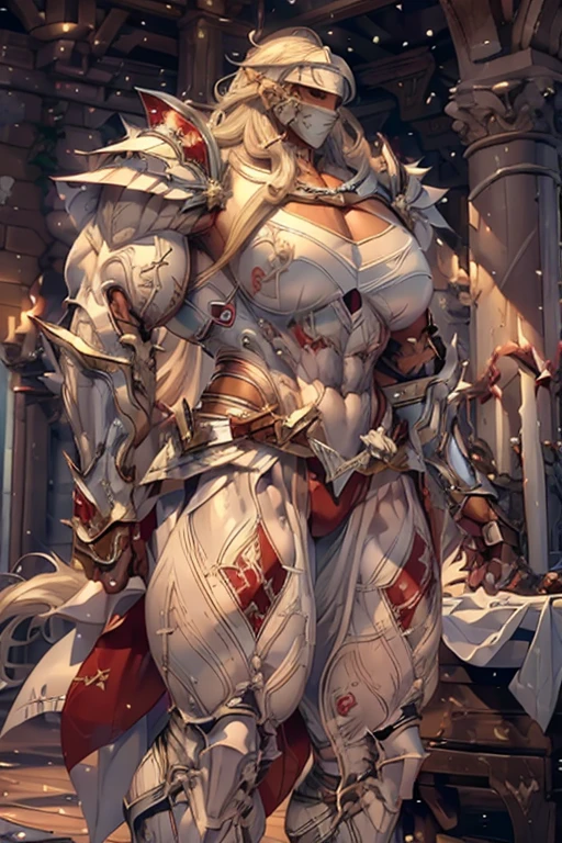 ((((Massive beautiful, buff, light brown skinned muscular woman with white hair, ginormous bulky muscles and clad in full gleaming white knight armor with and tight pants)))), close view, large breast, vascular, massive muscle, massive biceps, hyper muscle shoulders, vascular shoulders, hyper muscle triceps, (long straight hair), blue eyes, (knight boots), determined look, (in a castle in heaven), snowfall, Vascular arms, hyper muscles arms, hyper muscle legs, massive buff arms.