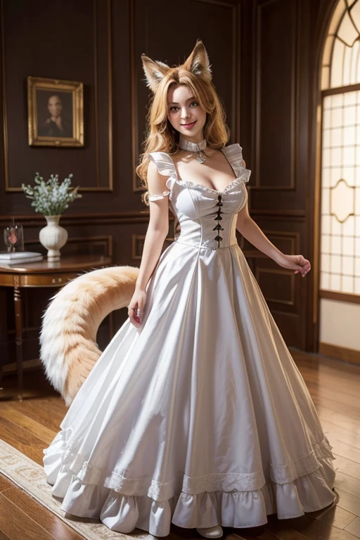 ((highest quality)), ((masterpiece)), (get used to it), perfect face, fox girl, Beautiful woman, public, A tail is growing, she has a fluffy tail, she has a fox tail, she wags her tail, smile, collar, She wears a maid outfit, beautiful hips, big breasts , big tail