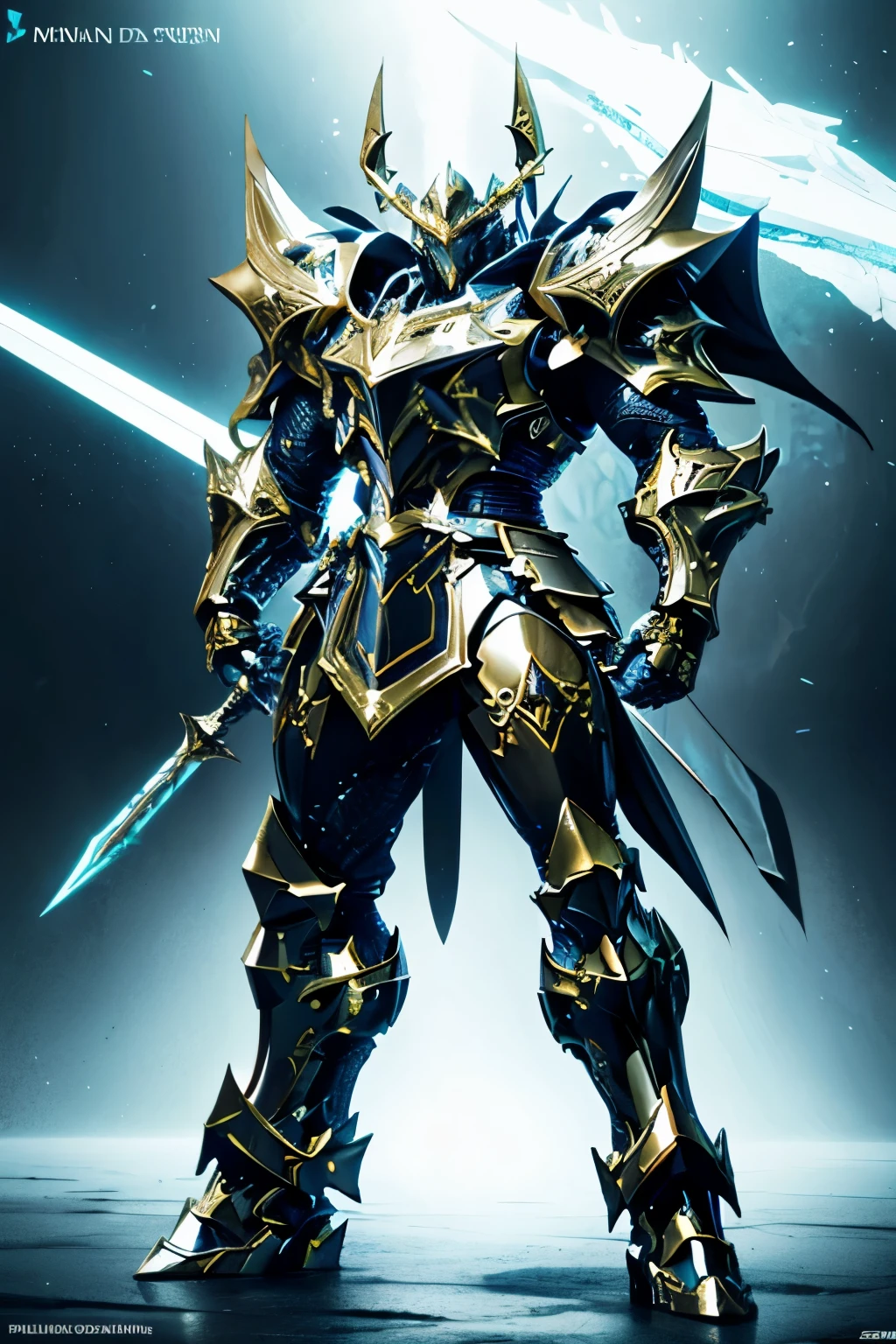 Design a layout showcase of a Gaming Character, a paladin Warrior. Heavy shiny dragon full plate armor, stylish and unique. Detailed huge polearm (masterpiece:1.2), (best quality), 4k, ultra-detailed, (dynamic composition: 1.4), Step by step design, layout art,(luminous lighting, atmospheric lighting), gloomy, magical, (((glove full hands))),
